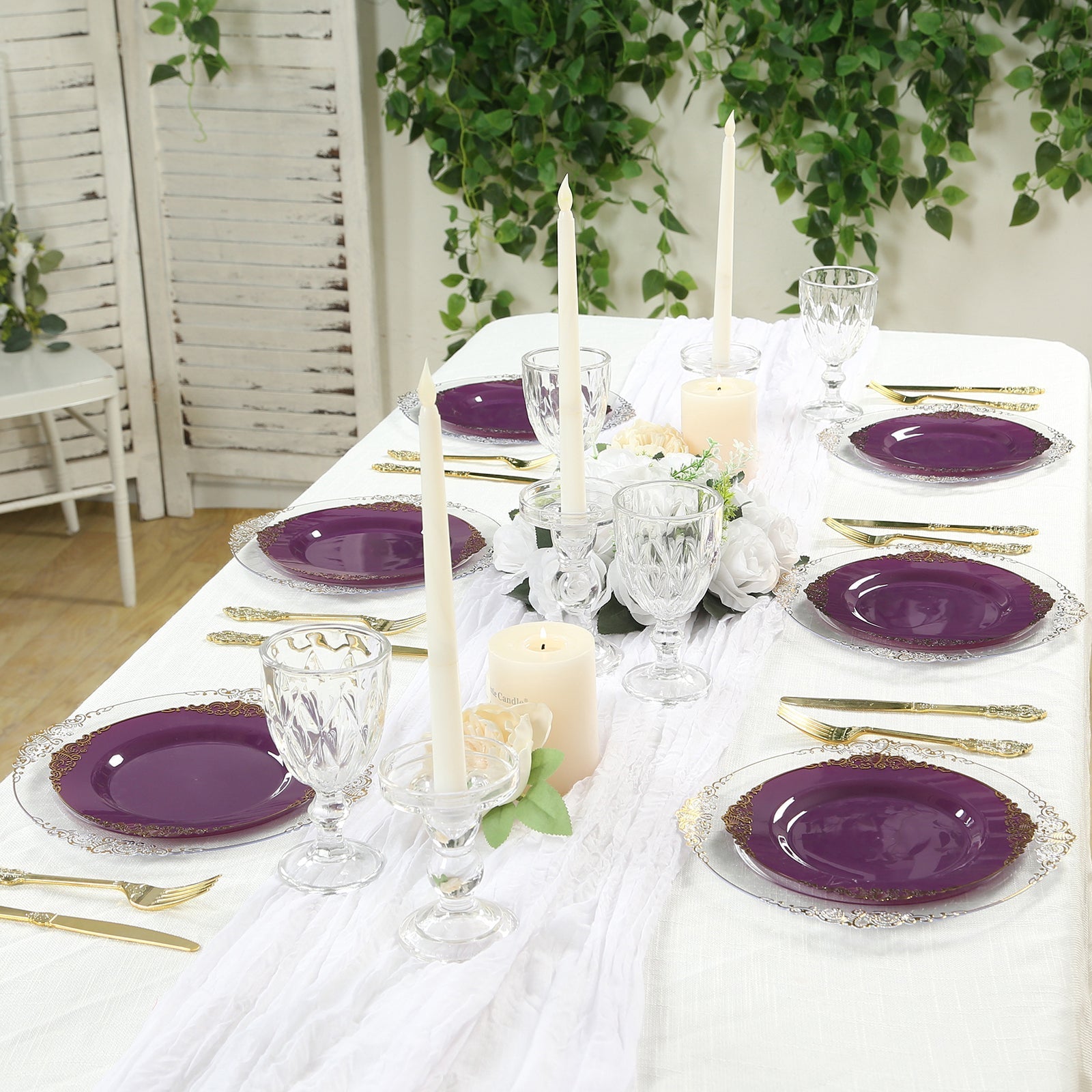 10-Pack Plastic 10" Round Dinner Plates in Purple with Gold Leaf Embossed Rim - Disposable Vintage Baroque Style Plates