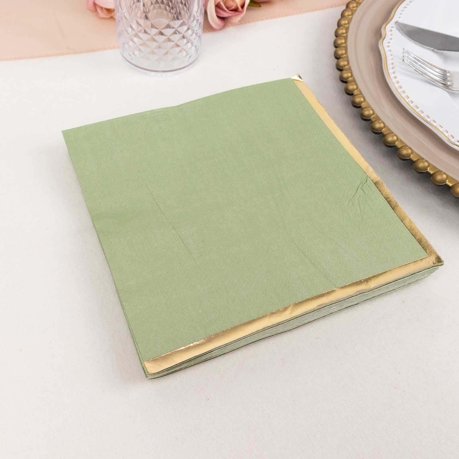 50-Pack Paper Beverage Napkins with Gold Foil Edge Sage Green - Disposable 2 Ply Cocktail Napkins for Events 6.5"x6.5"