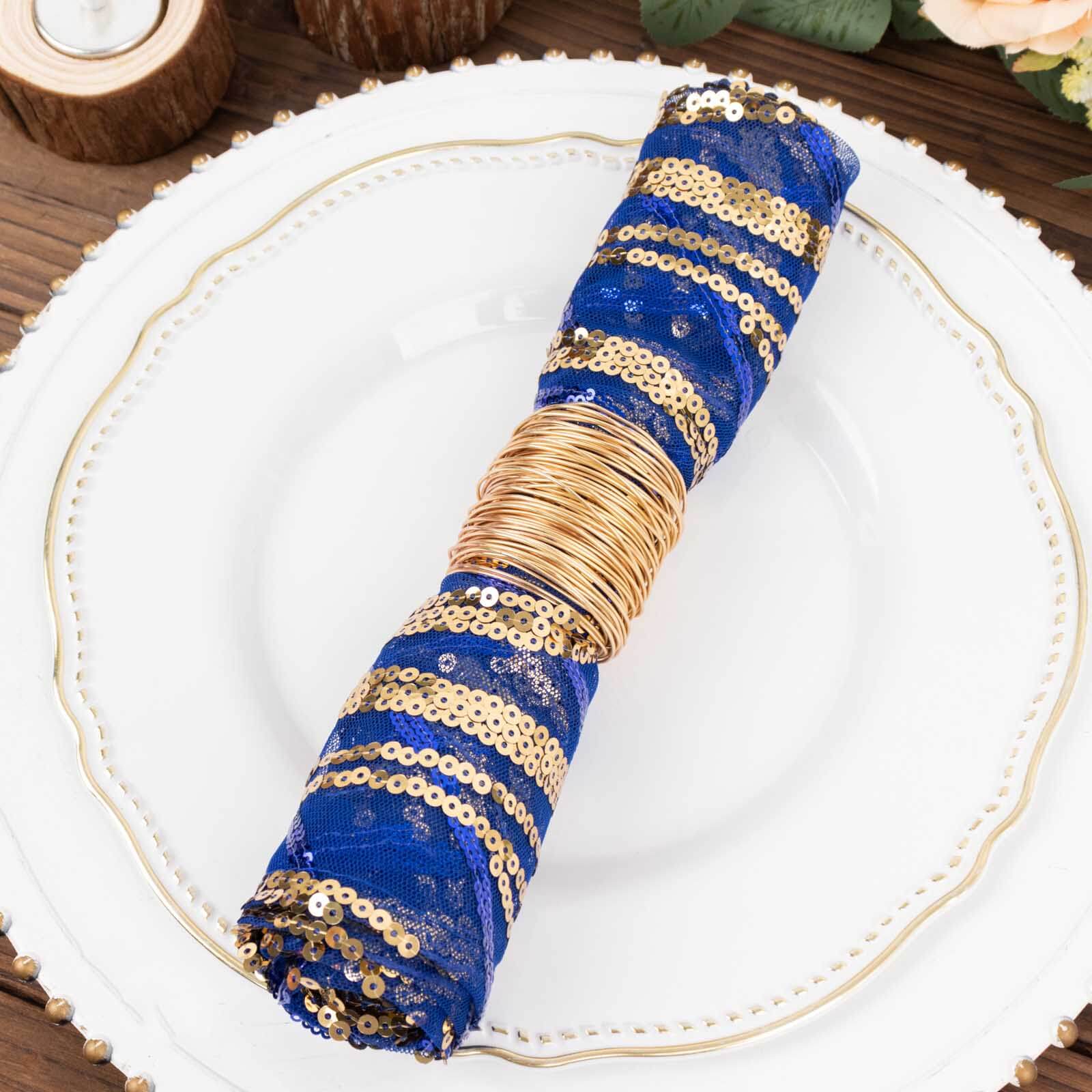 Sequin Mesh 20"x20" Napkin Royal Blue Gold - Wave Embroidered Reusable Napkin