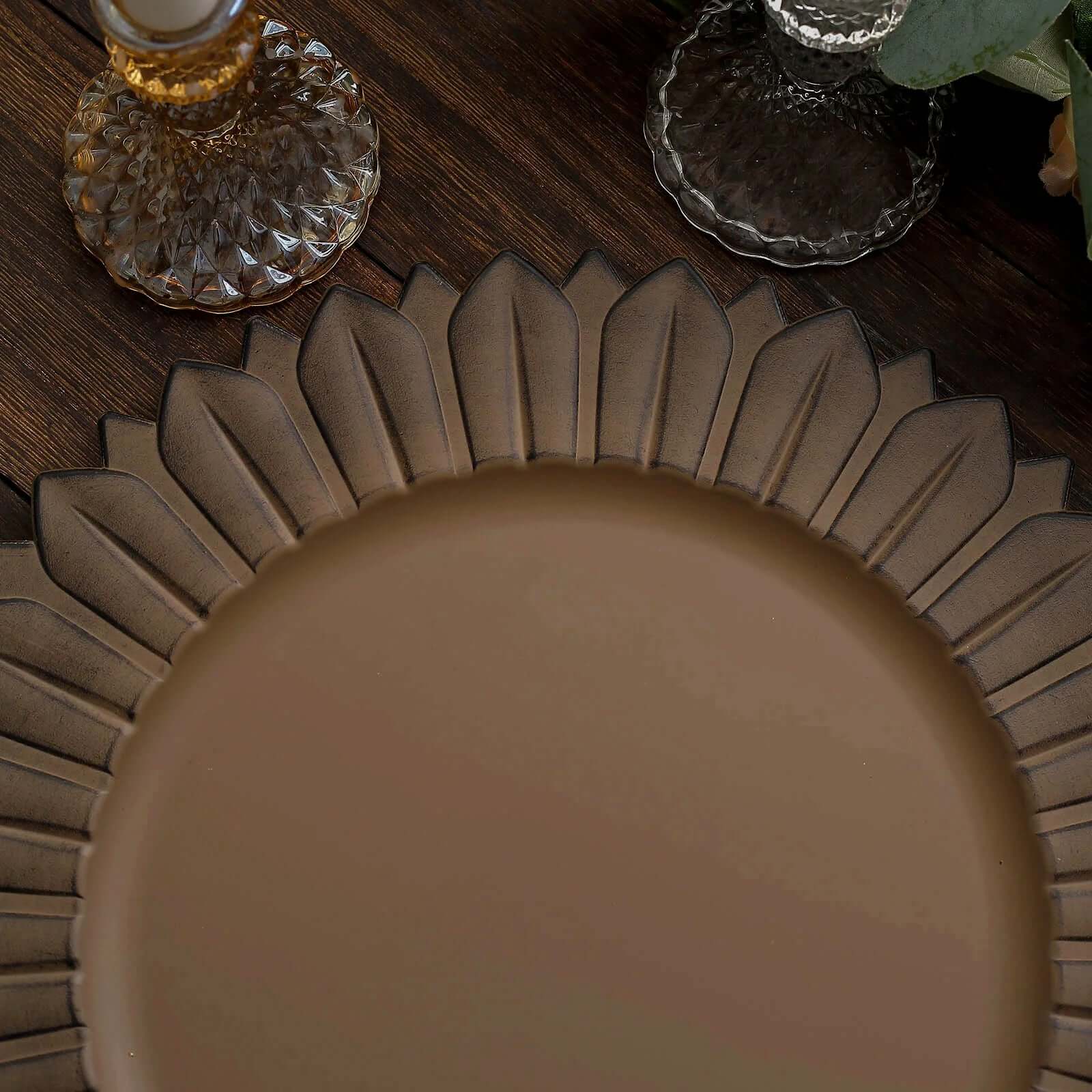 6-Pack Plastic Round Charger Plates 13" in Natural with Sunflower Rim, Matte Finish Disposable Dinner Charger Tableware