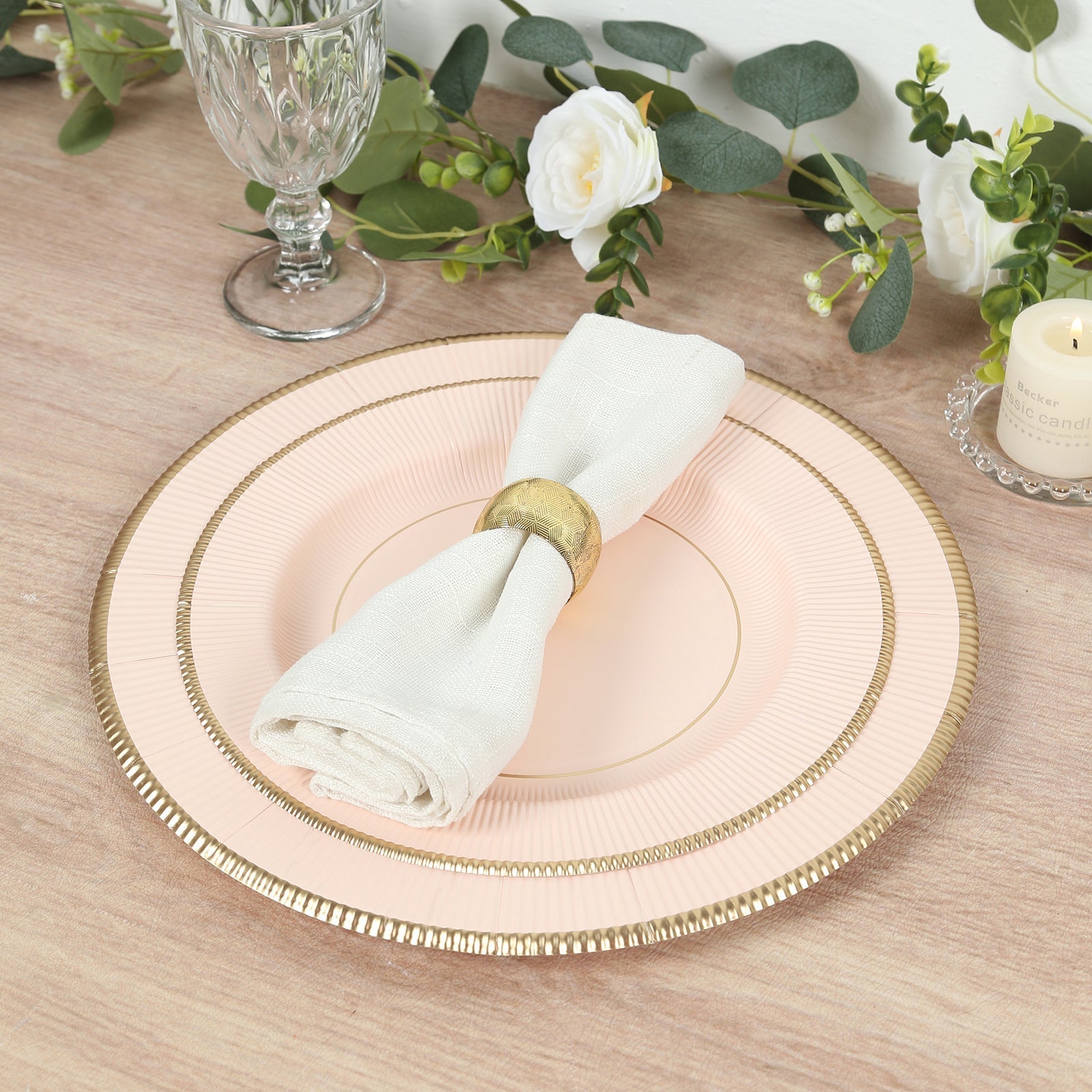25-Pack Paper 10" Round Dinner Plates in Blush Sunray Design with Gold Rim - Disposable Heavy Duty 350GSM Party Plates