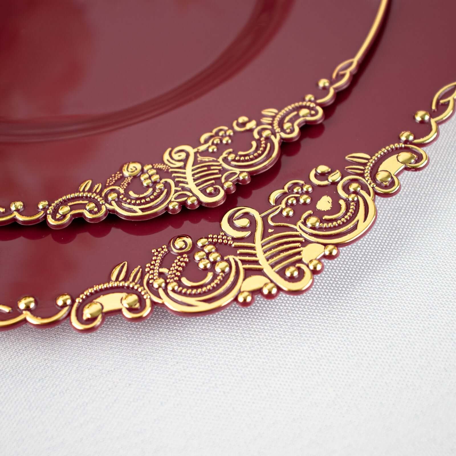 10-Pack Plastic 10" Round Dinner Plates in Burgundy with Gold Leaf Embossed Rim - Disposable Vintage Baroque Style Plates