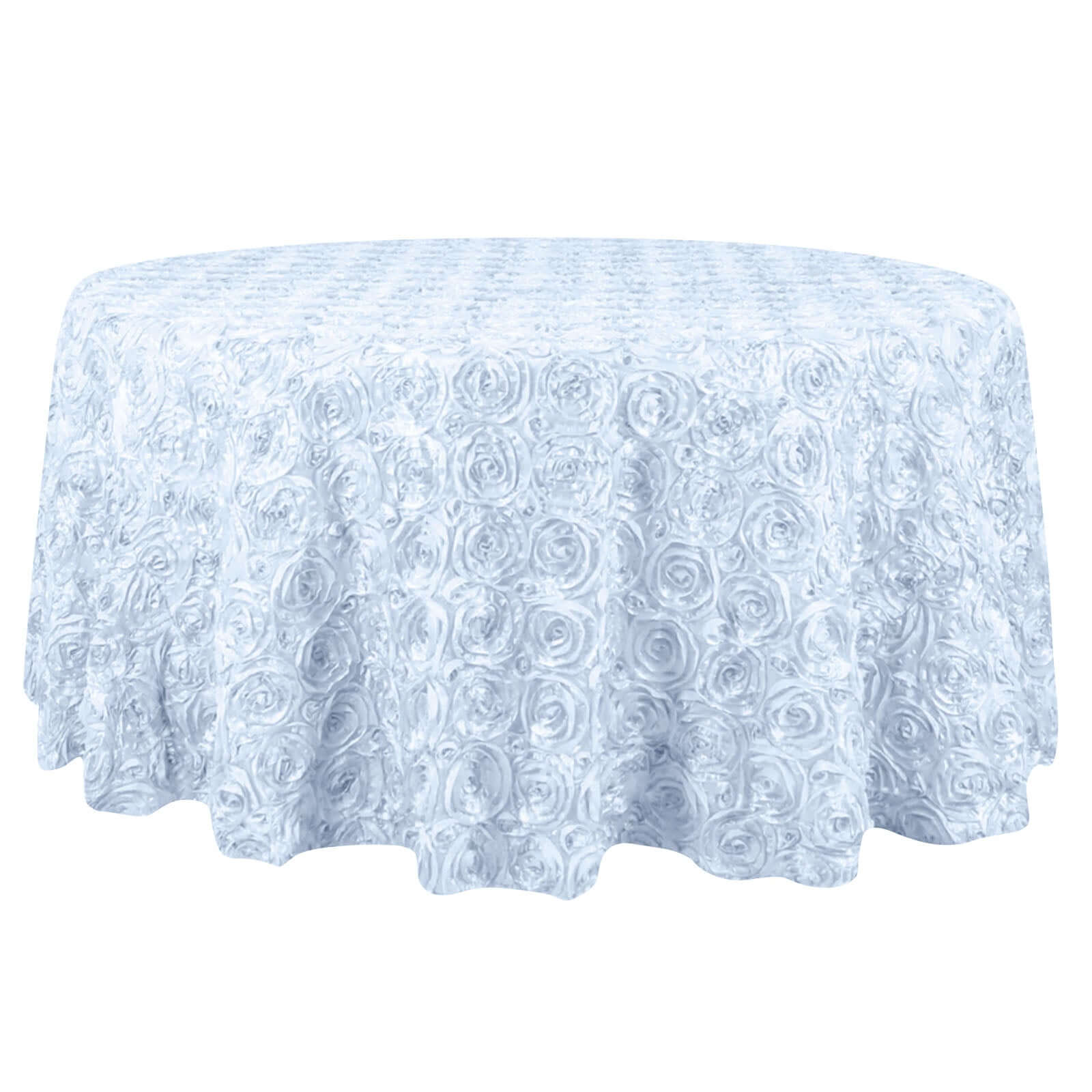 Satin 132" Round Tablecloth White - Grandiose 3D Rosette Design with Seamless Finish for Chic Occasions