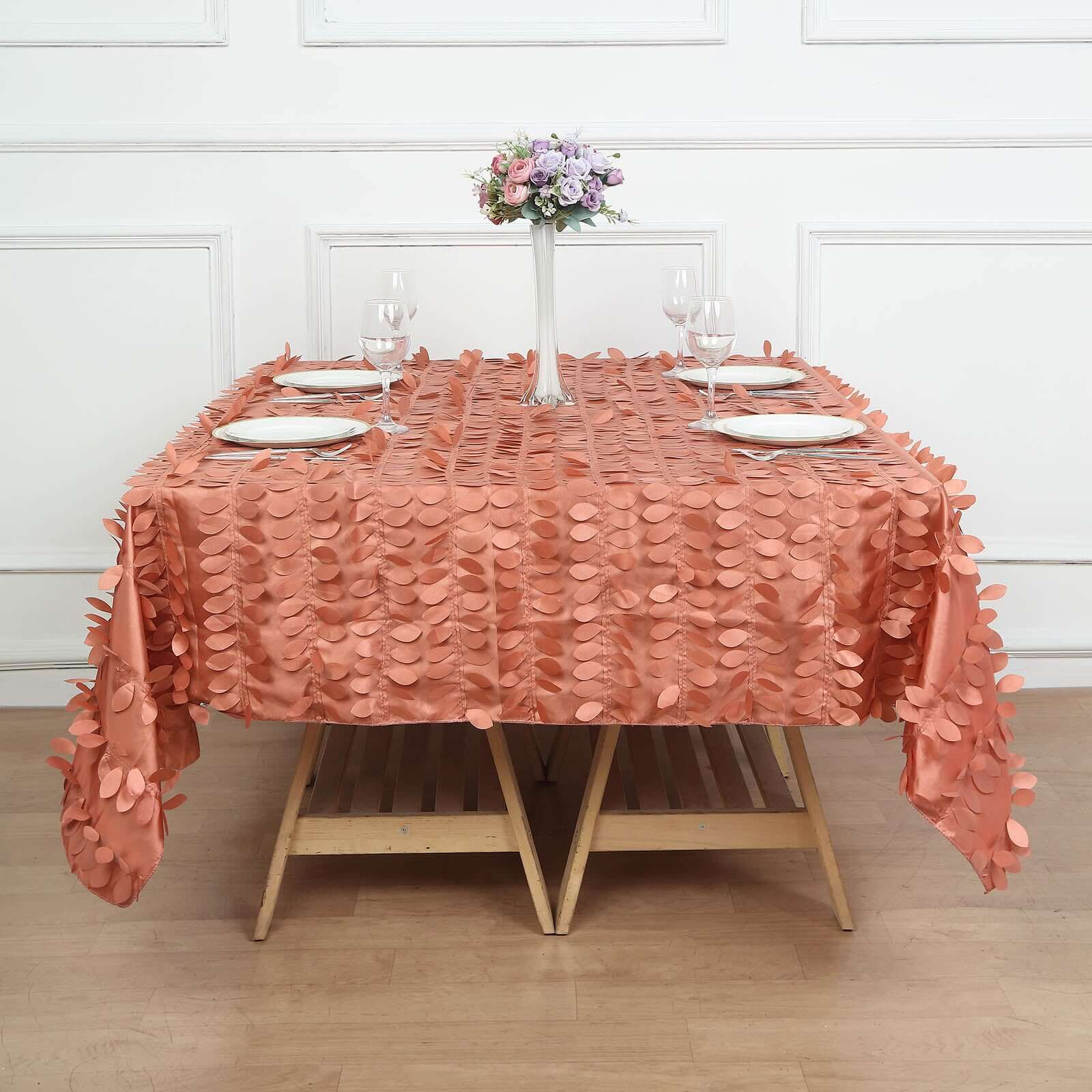 Taffeta 72"x72" Table Overlay Square Tablecloth Terracotta (Rust) - 3D Leaf Petal Table Cover