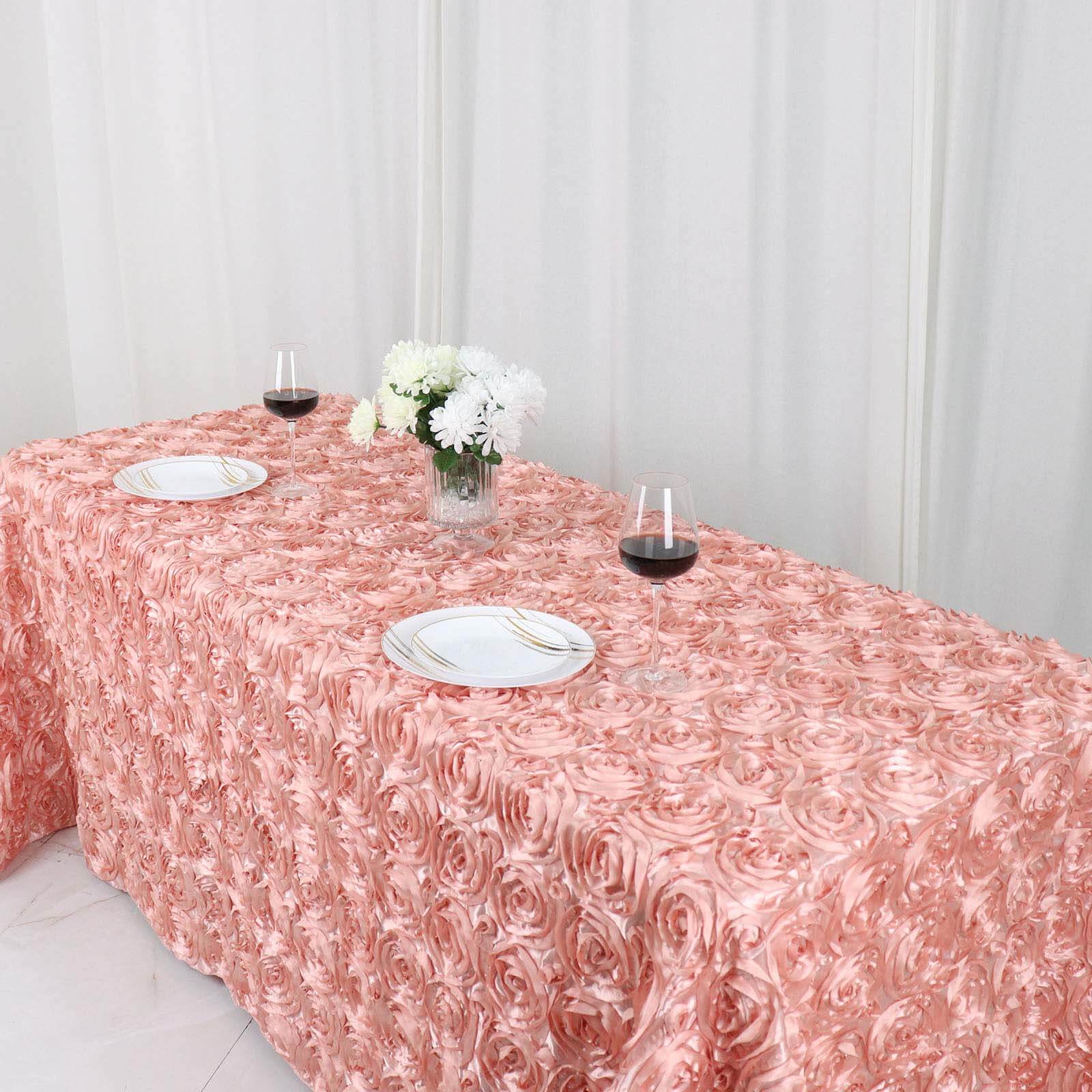Satin 90"x132" Rectangle Tablecloth Dusty Rose - Grandiose 3D Rosette Seamless Table Cover