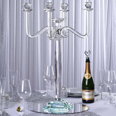 5 Arm Crystal Glass Candelabra Clear- Exquisite Decorative Taper Candle Holder Table Centerpiece for Grand Celebrations 27"