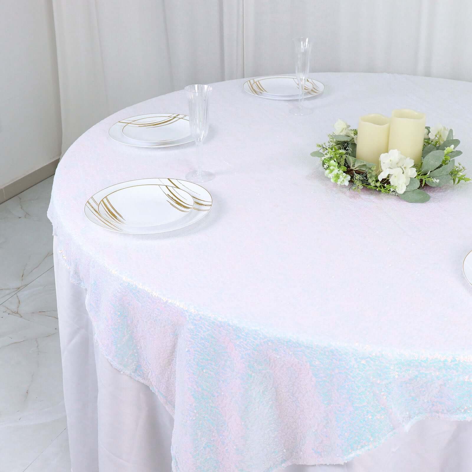 Sequin 60"x60" Table Overlay Square Tablecloth  Iridescent Blue - Luxe Wedding Table Topper