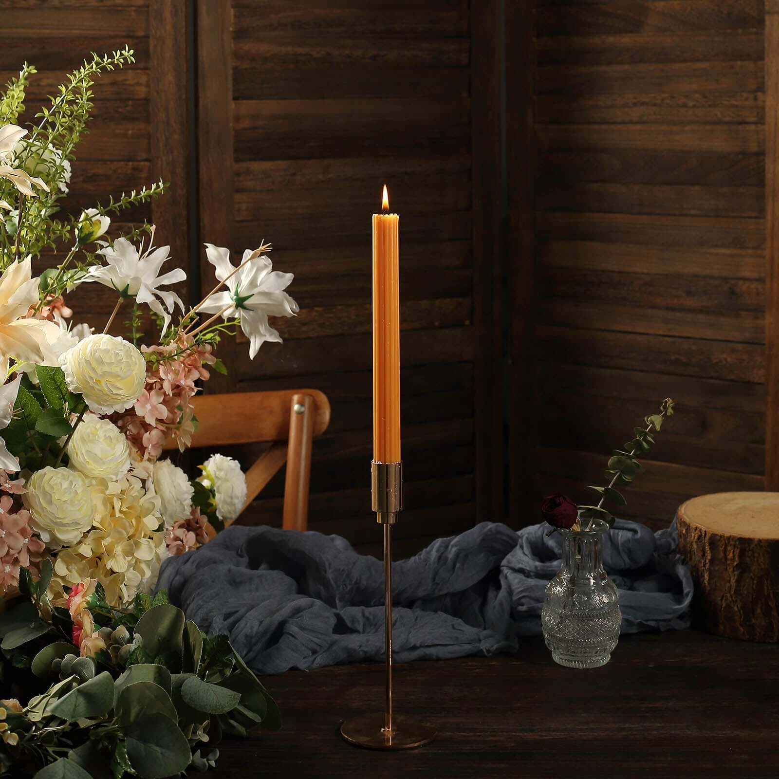 5-Pack Taper Candles Ribbed Wick Ribbon Wax Design Gold - Premium Unscented Dinner Candles 9"