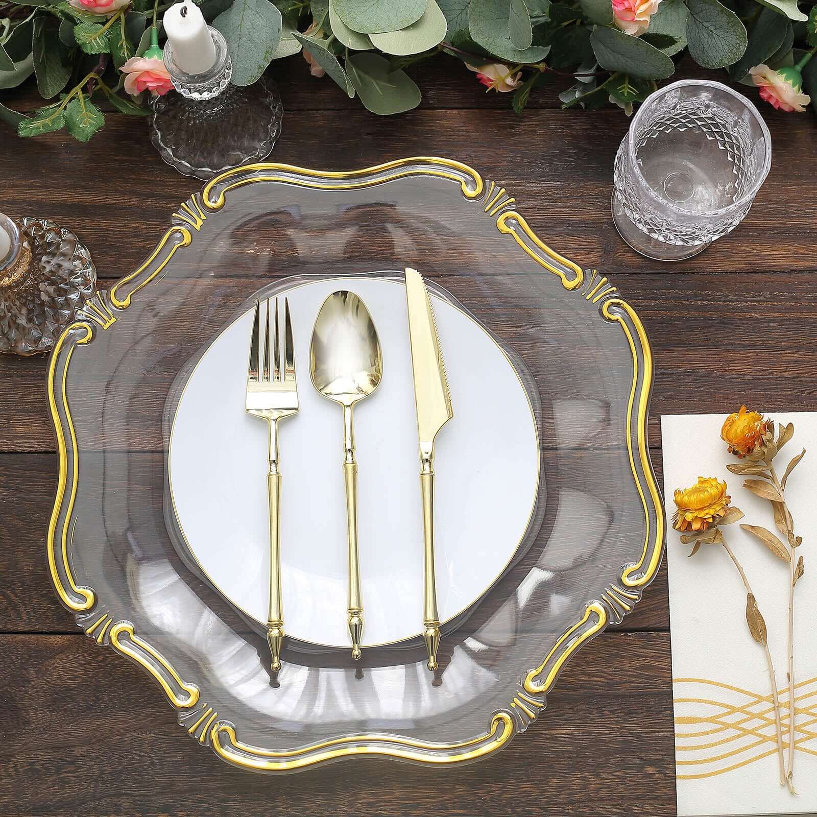 6-Pack Acrylic Plastic Hexagon Charger Plates 13" in Clear with Gold Baroque Scalloped Rim, Exquisite Dinner Serving Plates