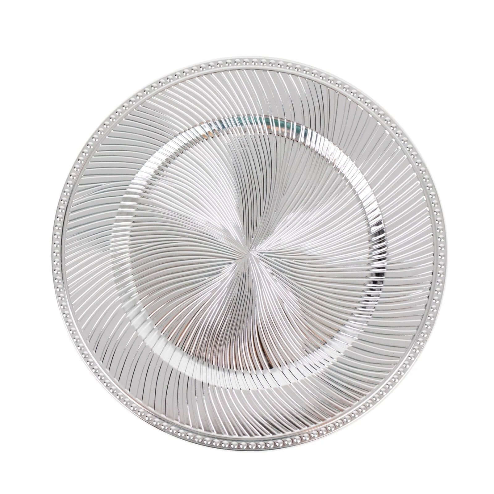 6-Pack Acrylic Round Charger Plates 13" in Metallic Silver Swirl Pattern with Beaded Rim, Plastic Decorative Dinner Party Charger Tableware