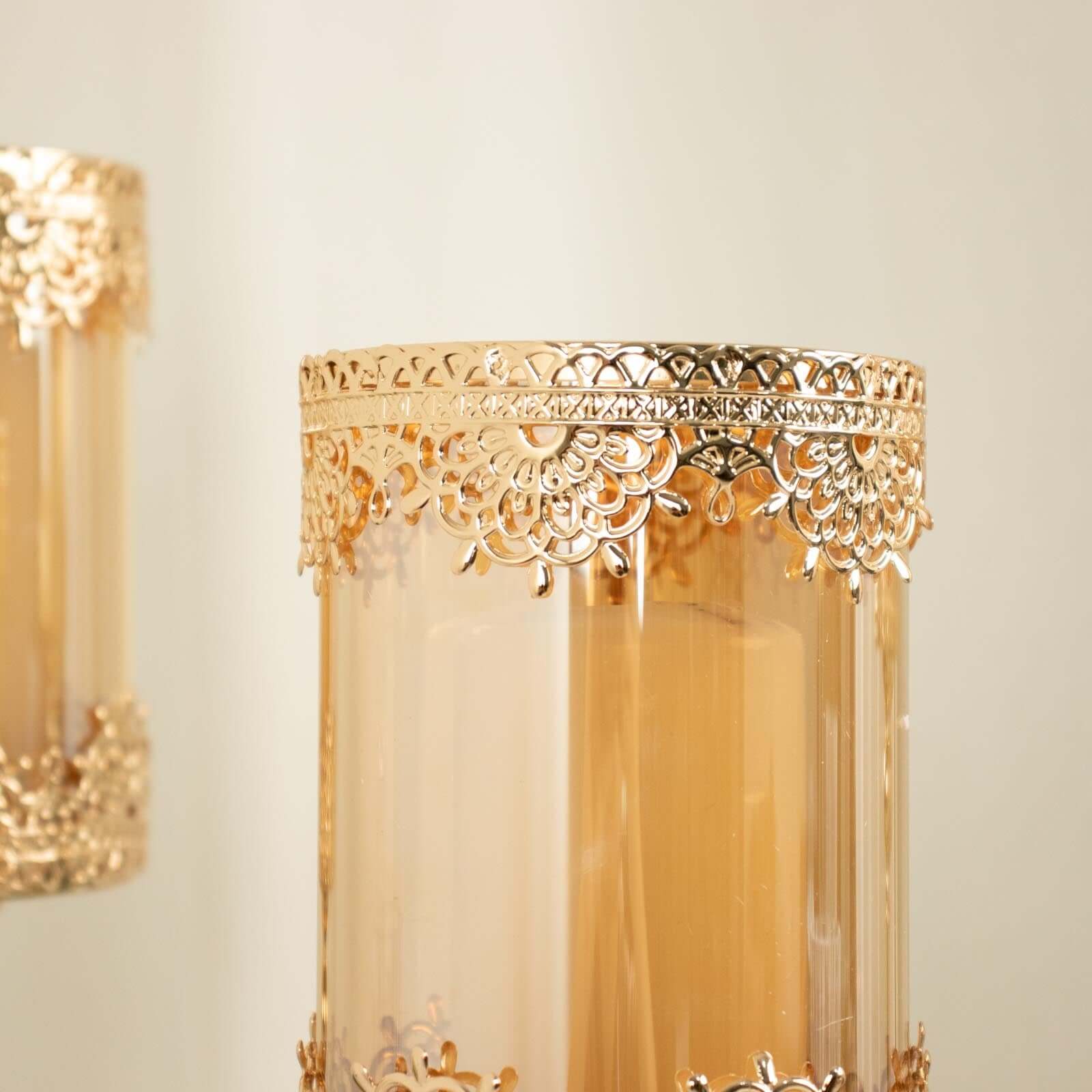 Set of 3 Lace Votive Candle Stands Antique Gold with Hurricane Glass Shades - Refined Pillar Candle Holders 13", 15", 17"