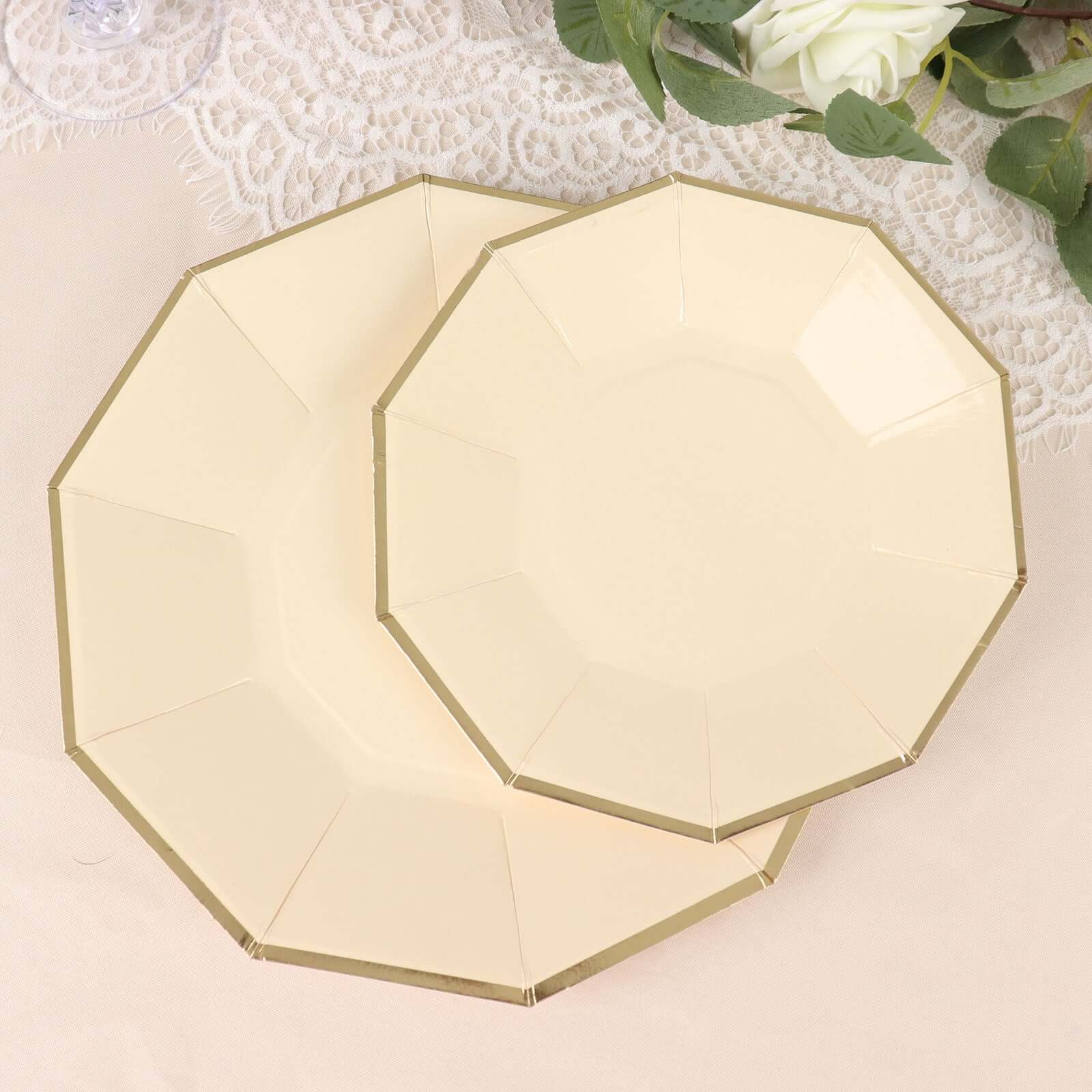 25-Pack Paper 7" Decagon Appetizer Plates in Beige with Gold Foil Rim