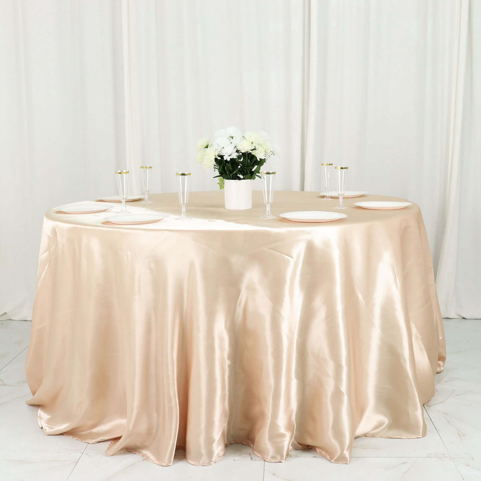 Satin 132" Round Tablecloth Beige - Stylish Seamless Table Cover