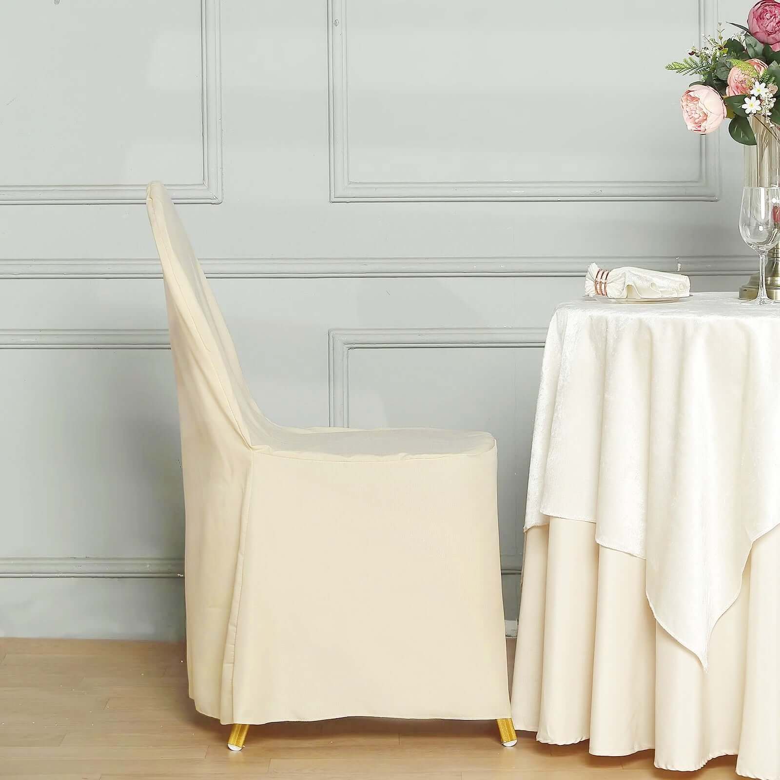 Polyester Slip On Banquet Chair Covers Beige - Stain-Resistant Reusable Durable Fabric
