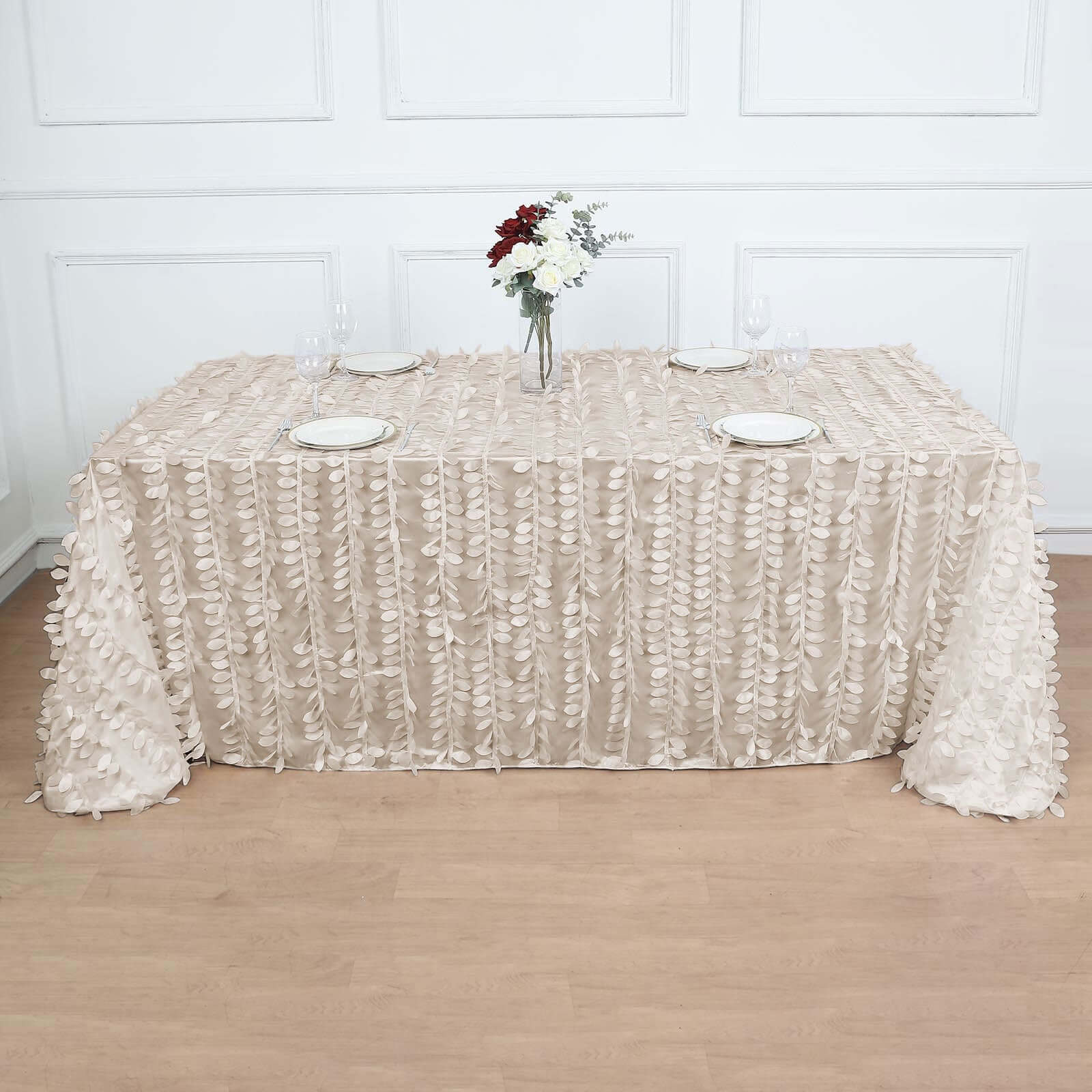 Taffeta 90"x132" Rectangle Tablecloth Beige | 3D Leaf Petal Design Seamless Table Cover