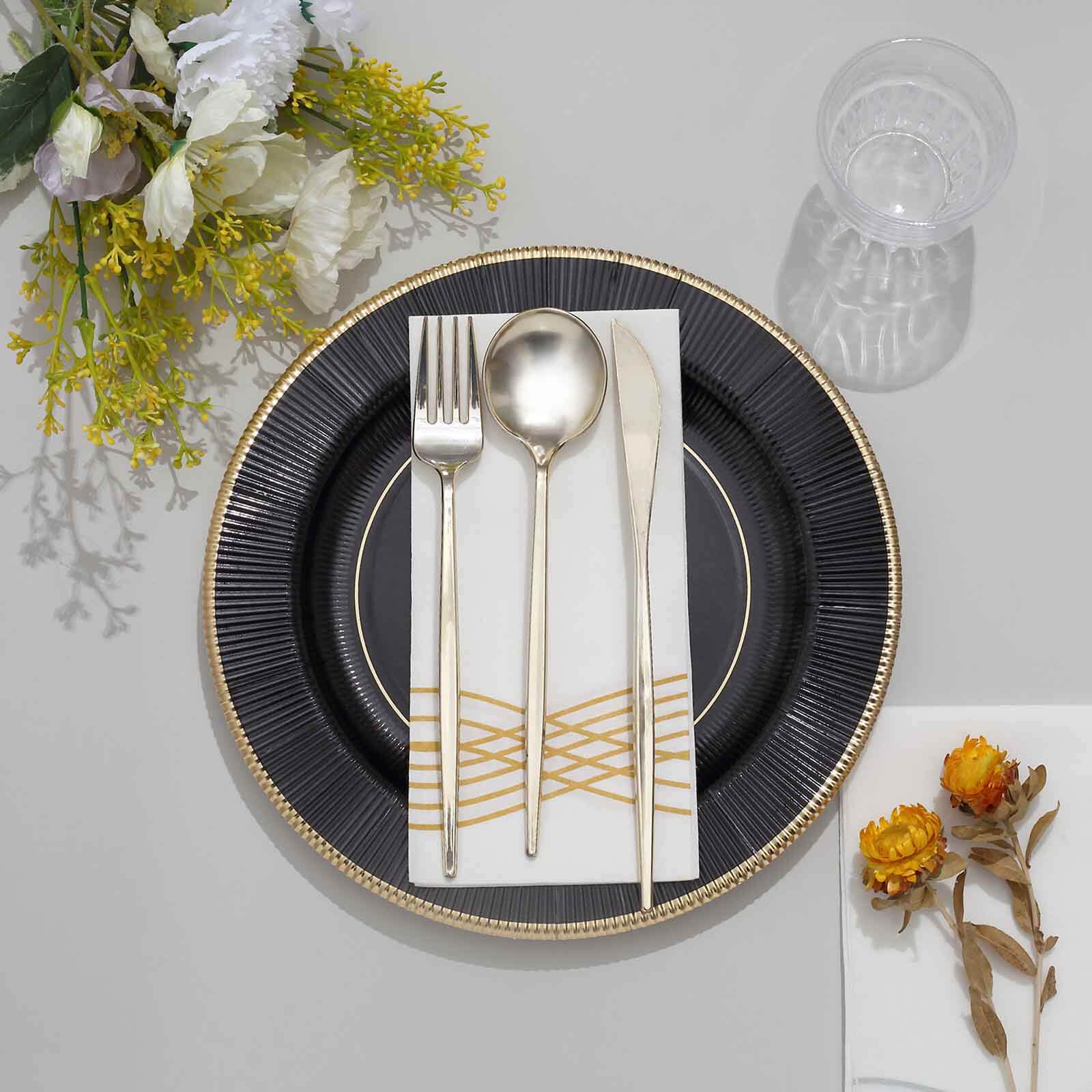 25-Pack Paper 10" Round Dinner Plates in Black Sunray Design with Gold Rim - Disposable Heavy Duty 350GSM Party Plates for Banquets & Celebrations