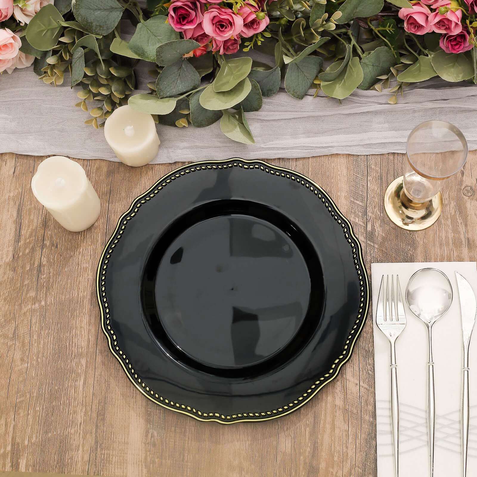 10-Pack Plastic 10" Dinner Plates in Black with Gold Scalloped Rim - Disposable Large Party Plates