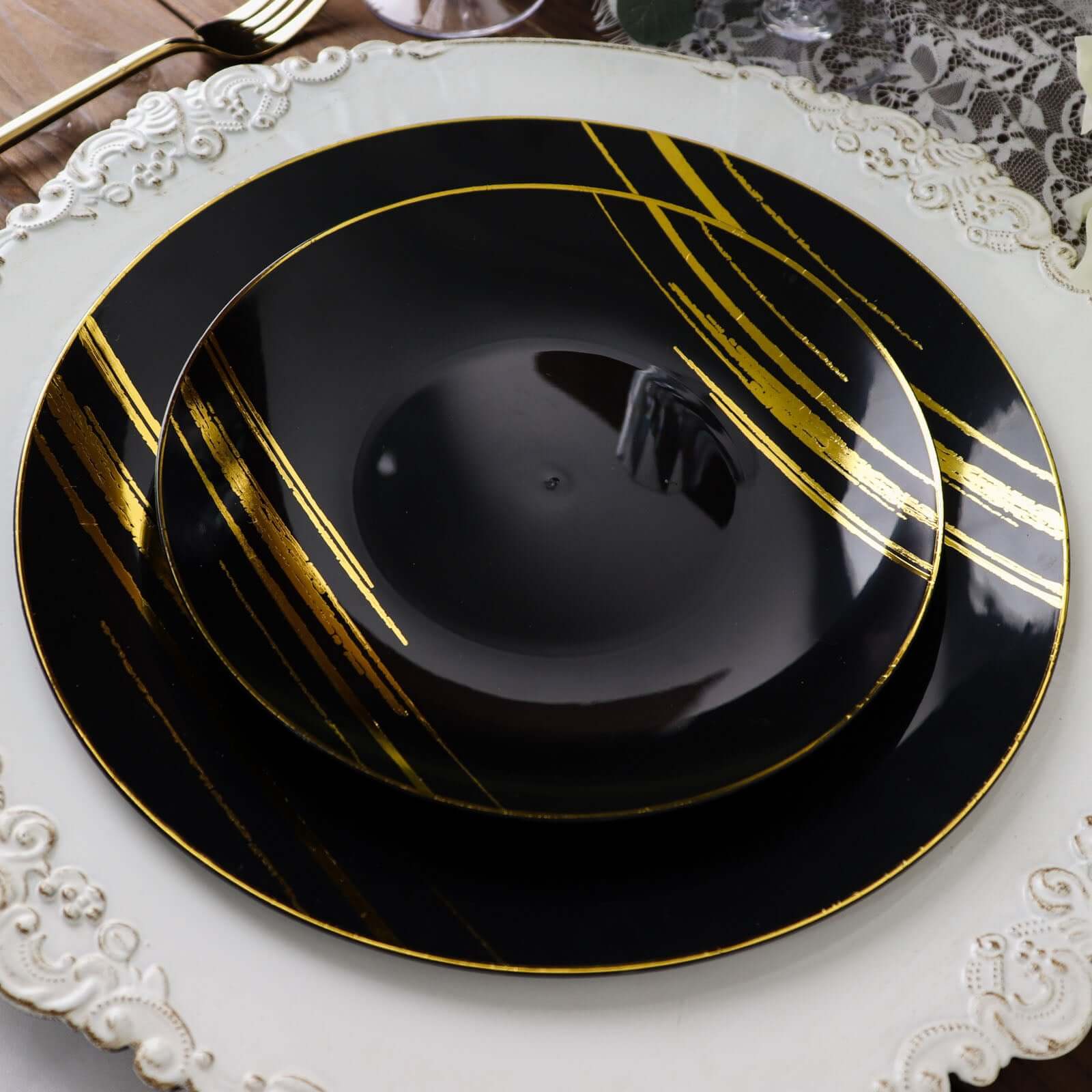 10-Pack Plastic 7" Round Dessert Plates in Black with Gold Brush Stroked Print - Disposable Appetizer Salad Plates for Modern Themed Events & Banquets