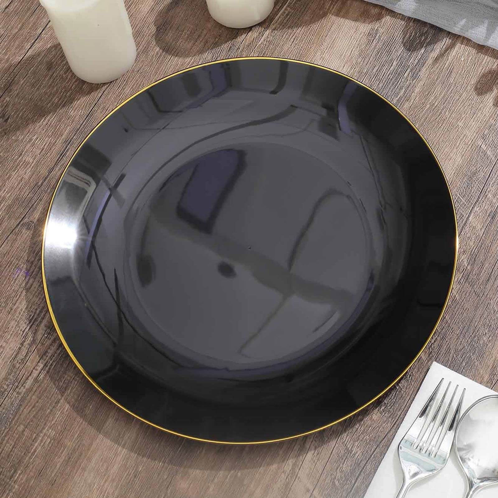 10-Pack Plastic 10" Round Dinner Plates in Black with Gold Rim - Glossy Disposable Party Plates
