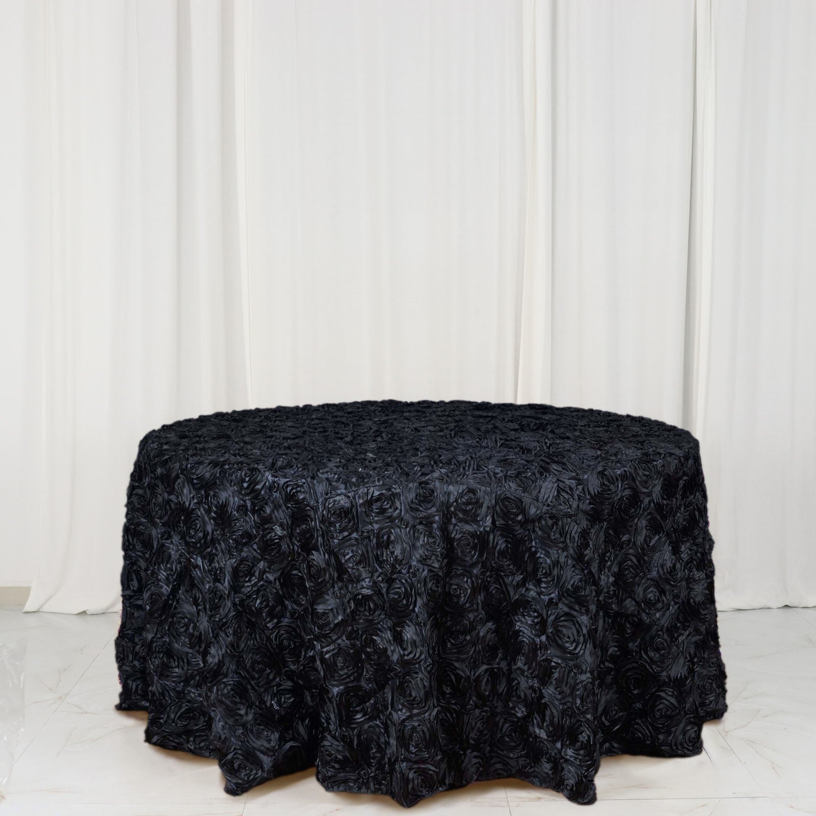 Satin 120" Round Tablecloth Black - Grandiose 3D Rosette with Seamless Finish Table Cover