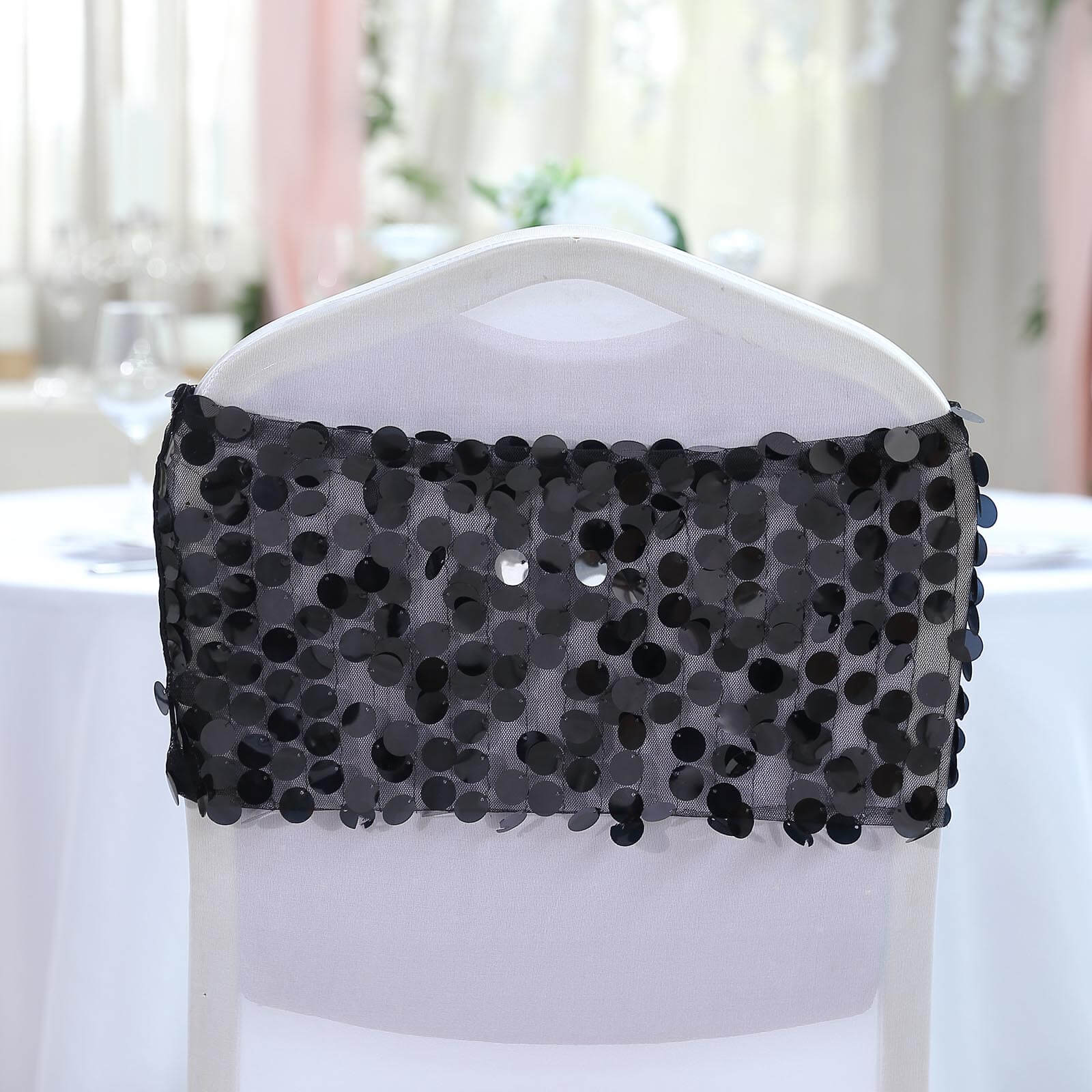 5 Pack Big Payette Sequin 13"x10" Chair Sash Bands Black - Stylish Glittering Decor for Weddings & Gatherings