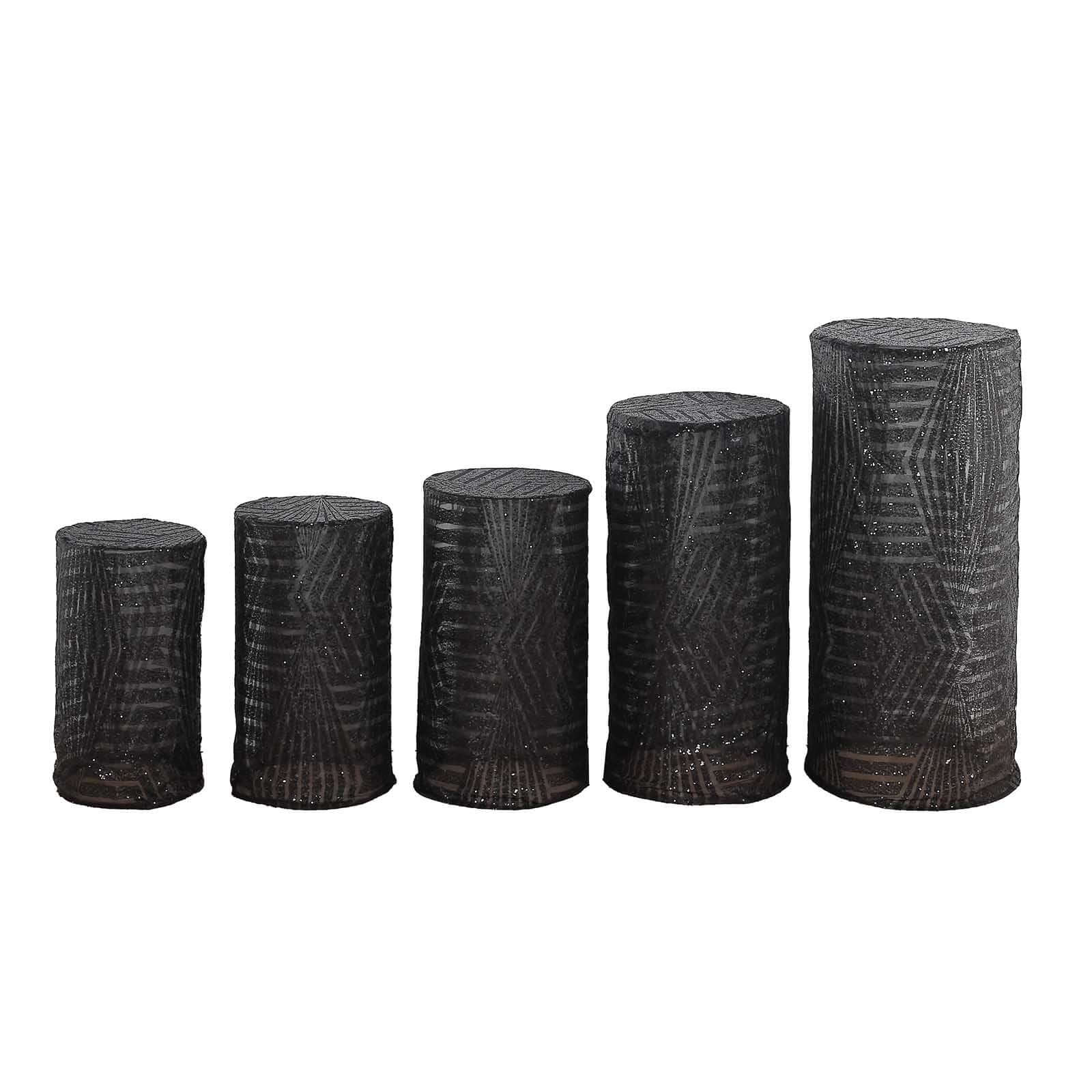 Set of 5 Black Sequin Mesh Cylinder Pedestal Stand Covers with Geometric Pattern Embroidery, Sparkly Sheer Tulle Pillar Prop Covers
