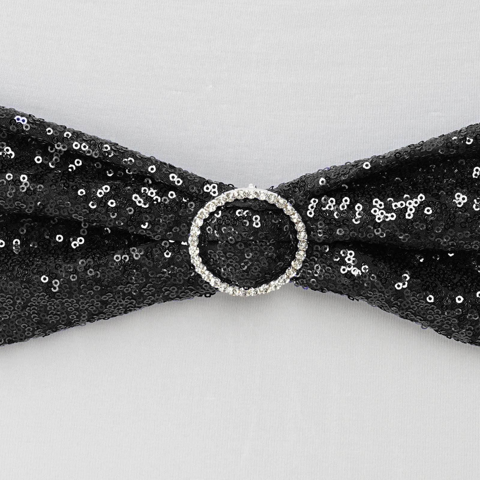 5 Pack Sequin Spandex Chair Sashes Black - Sparkly Stretch Chair Bands for Glamorous Events 6"x15"