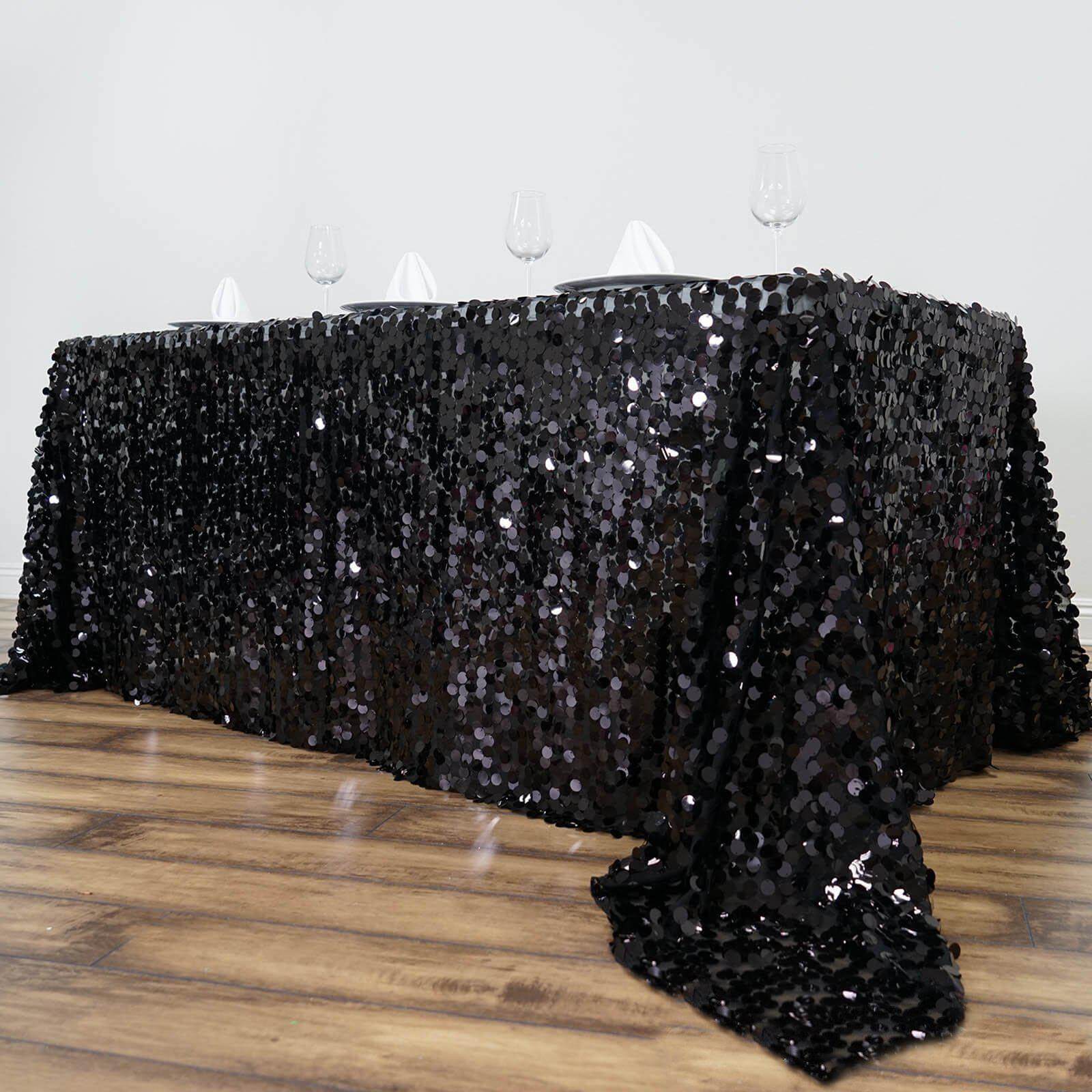 Sequin 90"x132" Rectangle Tablecloth Black - Seamless Big Payette Design for Sophisticated Occasions