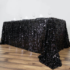 Sequin 90"x132" Rectangle Tablecloth Black - Seamless Big Payette Design for Sophisticated Occasions