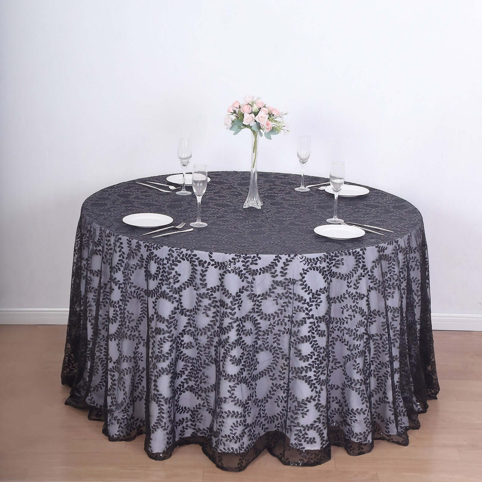 Tulle 120" Round Tablecloth Black - Seamless Sequin Leaf Embroidered Table Cover