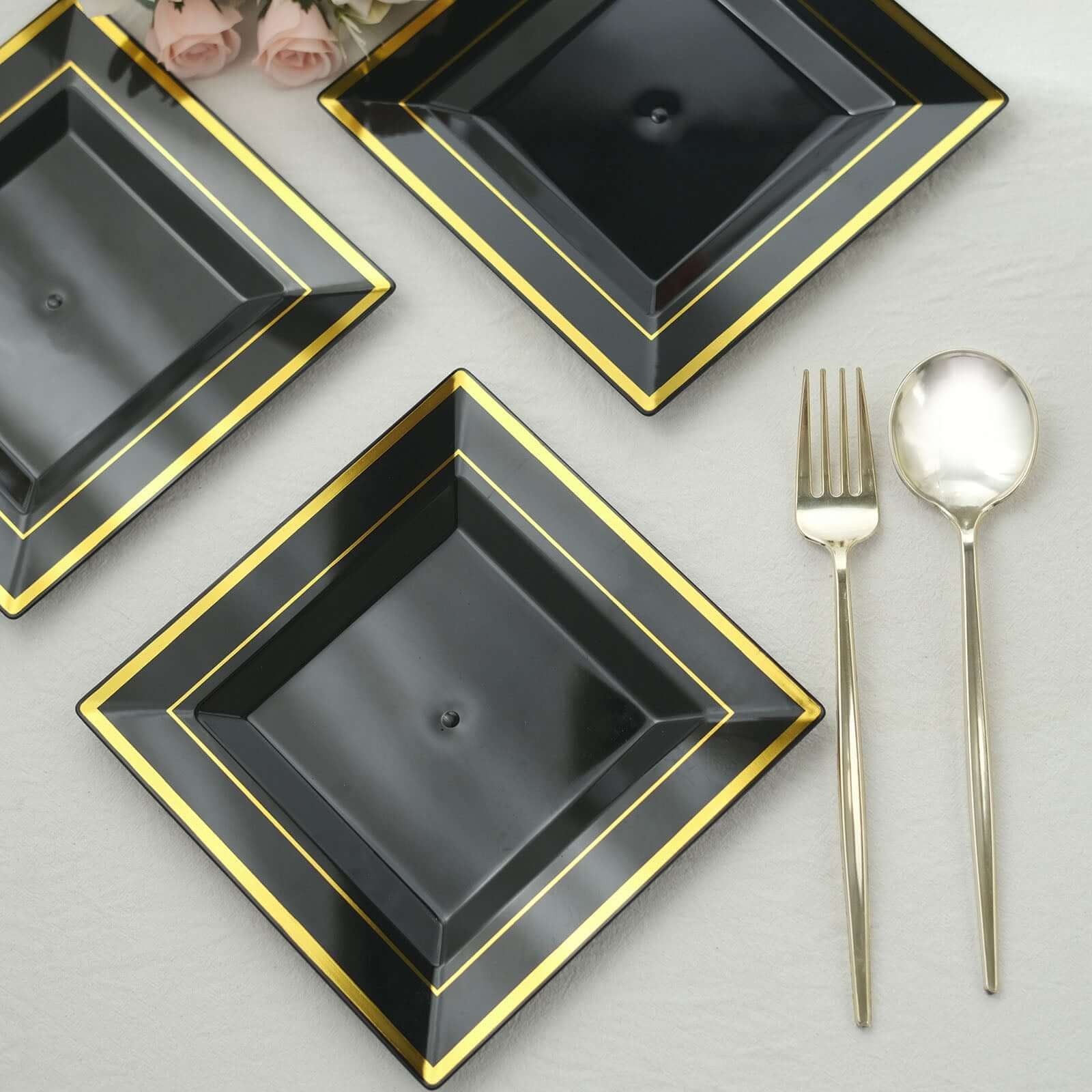 10-Pack Plastic Salad Dessert Plates Black Square with Gold Trim - Durable Disposable Appetizer Plates 7"