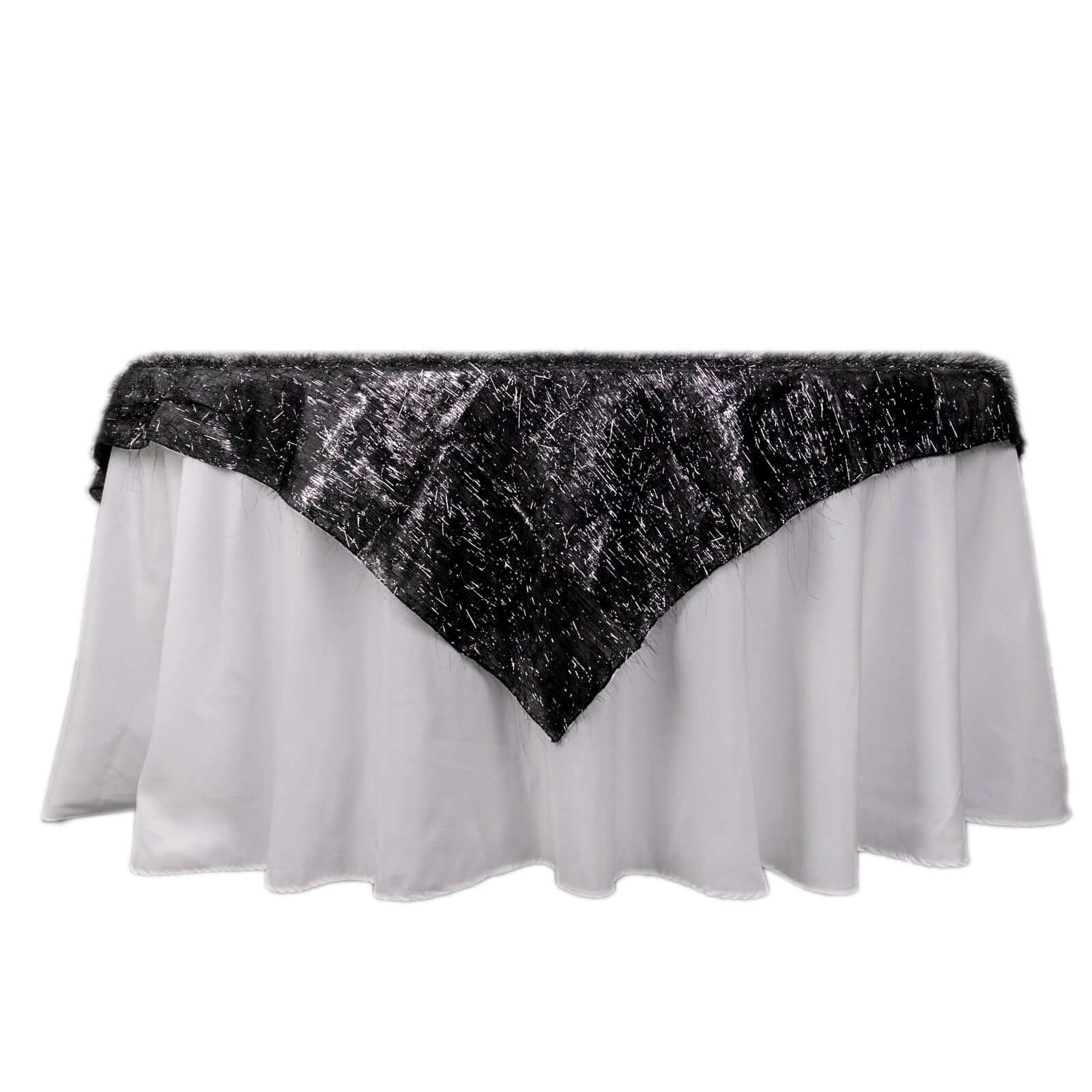 Polyester 72"x72" Table Overlay Square Tablecloth Black - Metallic Fringe Shag Tinsel Table Cover