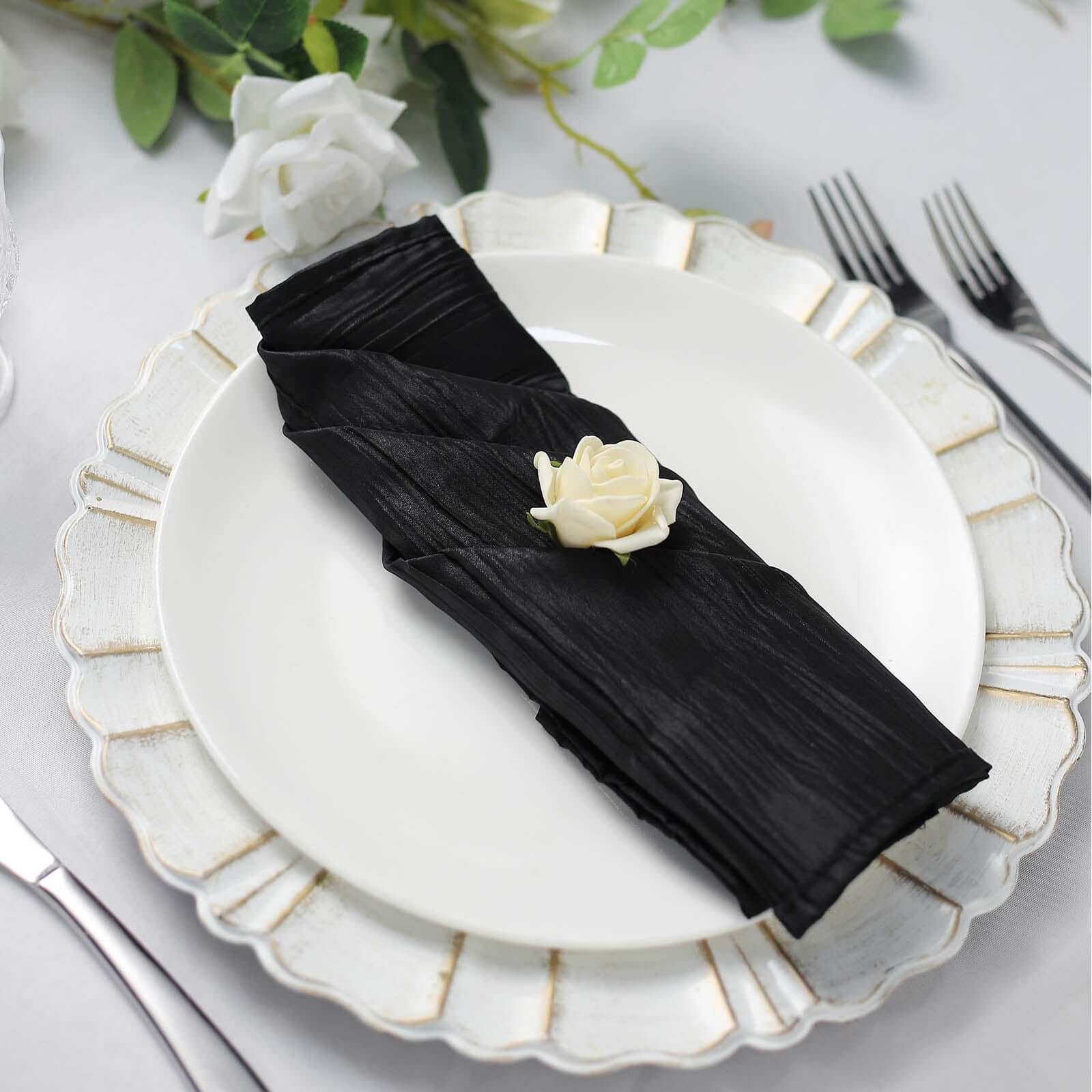 5 Pack Taffeta 20"x20" Napkins Black - Accordion Crinkle Dinner Napkins