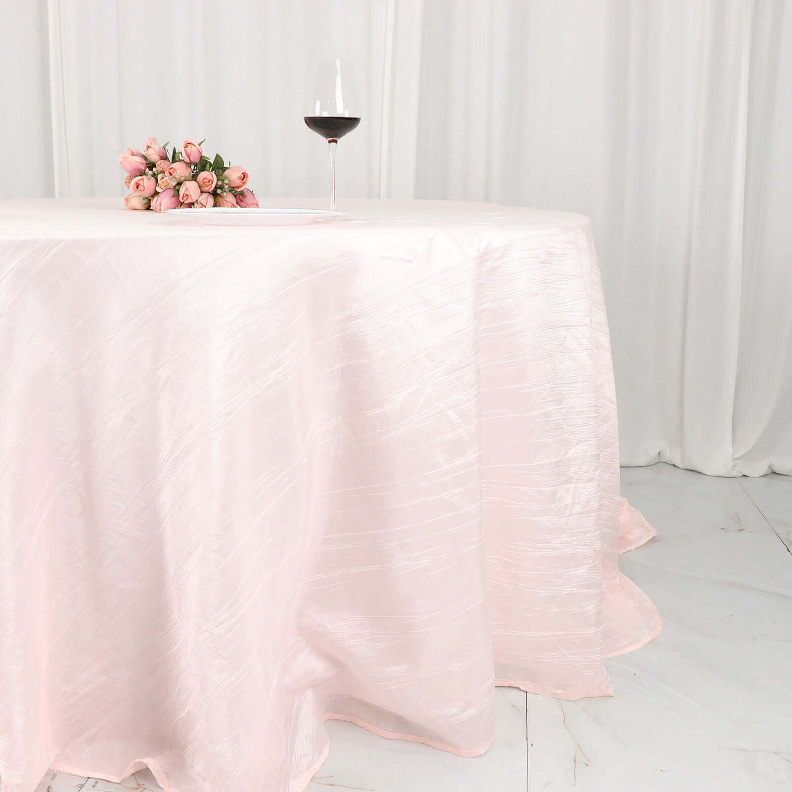 Taffeta 132" Round Tablecloth Blush - Seamless Accordion Crinkle Table Cover