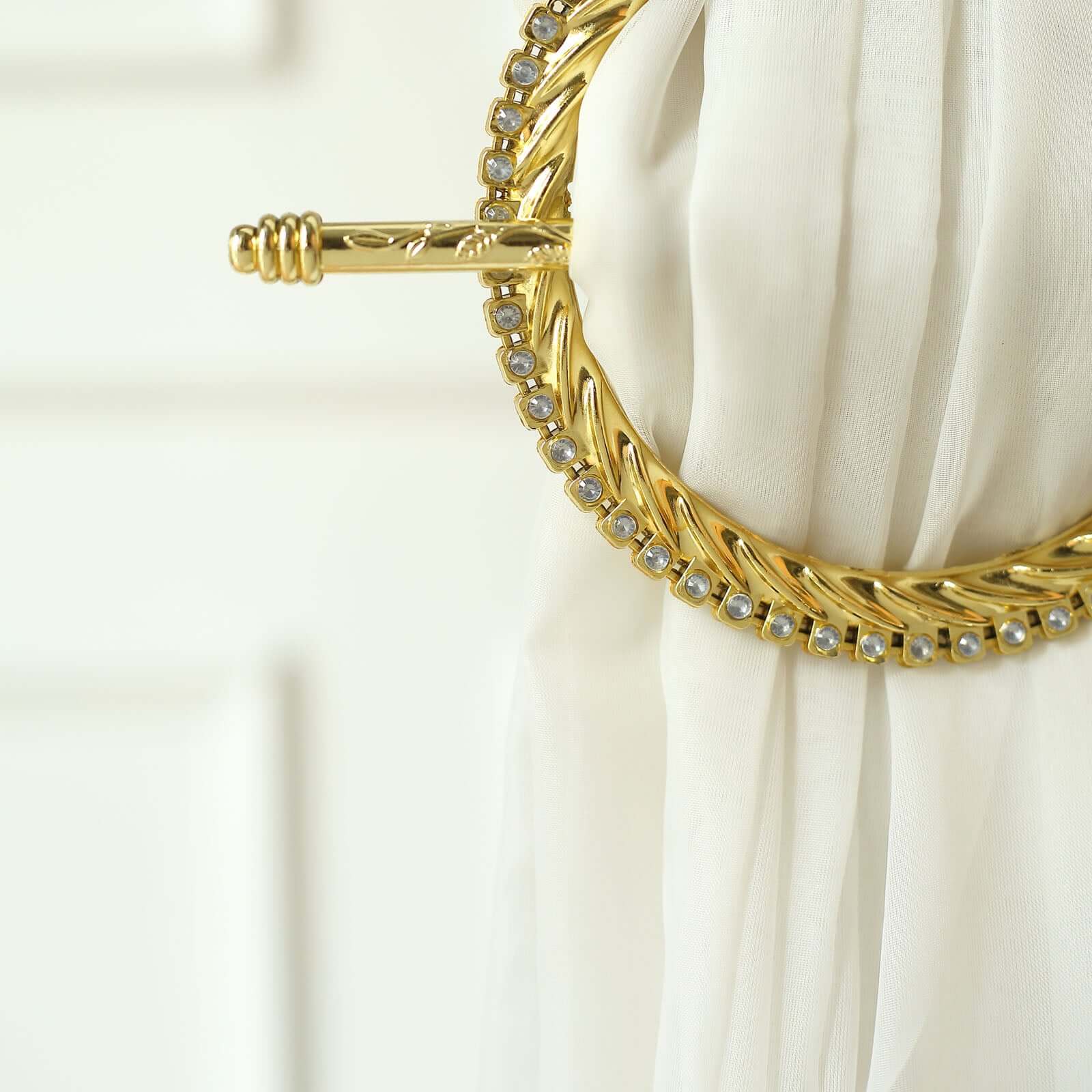 Set of 2 6" Gold Acrylic Braided Barrette Style Curtain Tie Backs With Crystal Diamond Studded Edge, Round Backdrop Drapery Brooch Holdbacks