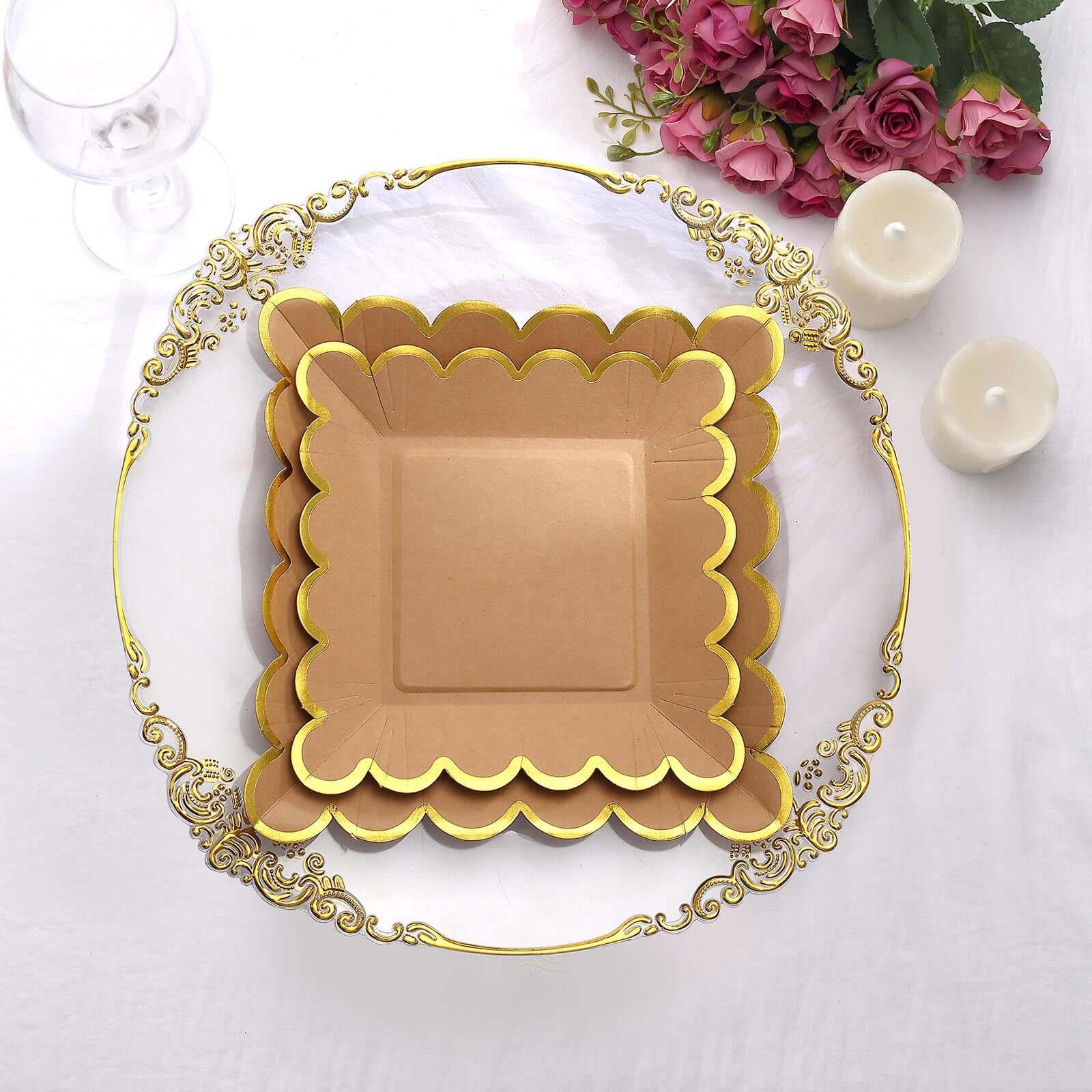 25-Pack Paper 7" Square Dessert Plates in Natural Brown with Gold Scalloped Rim - Disposable Salad Appetizer Party Plates for Stylish Outdoor Events & Boho Celebrations