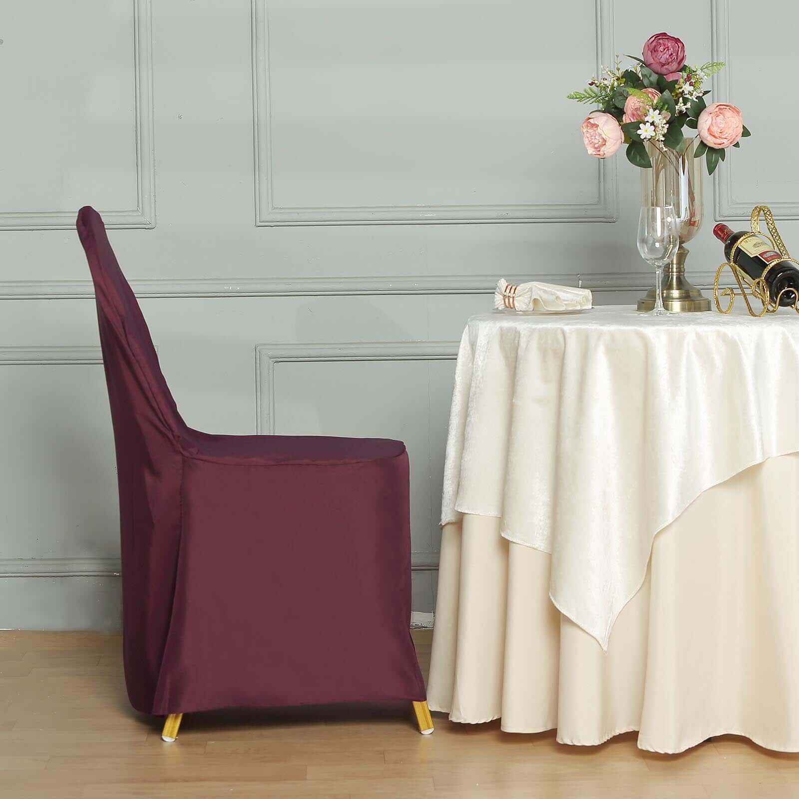 Polyester Slip On Banquet Chair Covers Burgundy - Stain-Resistant Reusable Durable Fabric