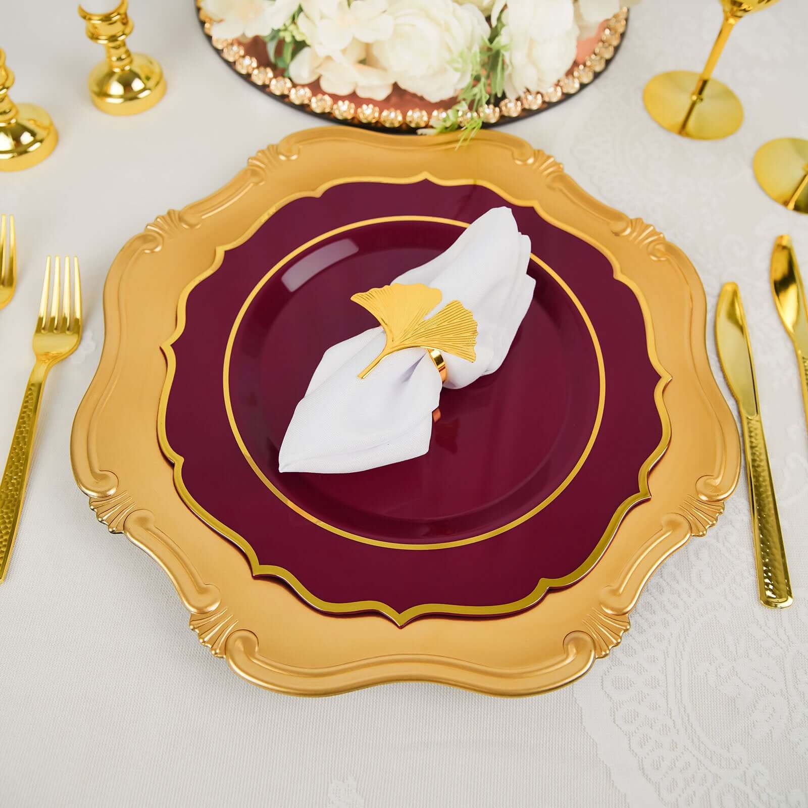 10-Pack Plastic 10" Round Dinner Plates in Burgundy with Gold Scalloped Rim - Disposable Party Plates