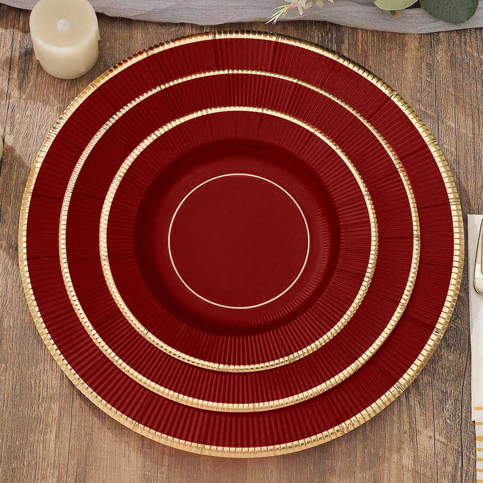 25-Pack Paper 8" Round Dessert Plates in Burgundy Sunray Design with Gold Rim - Disposable Heavy Duty 350GSM Appetizer Salad Plates
