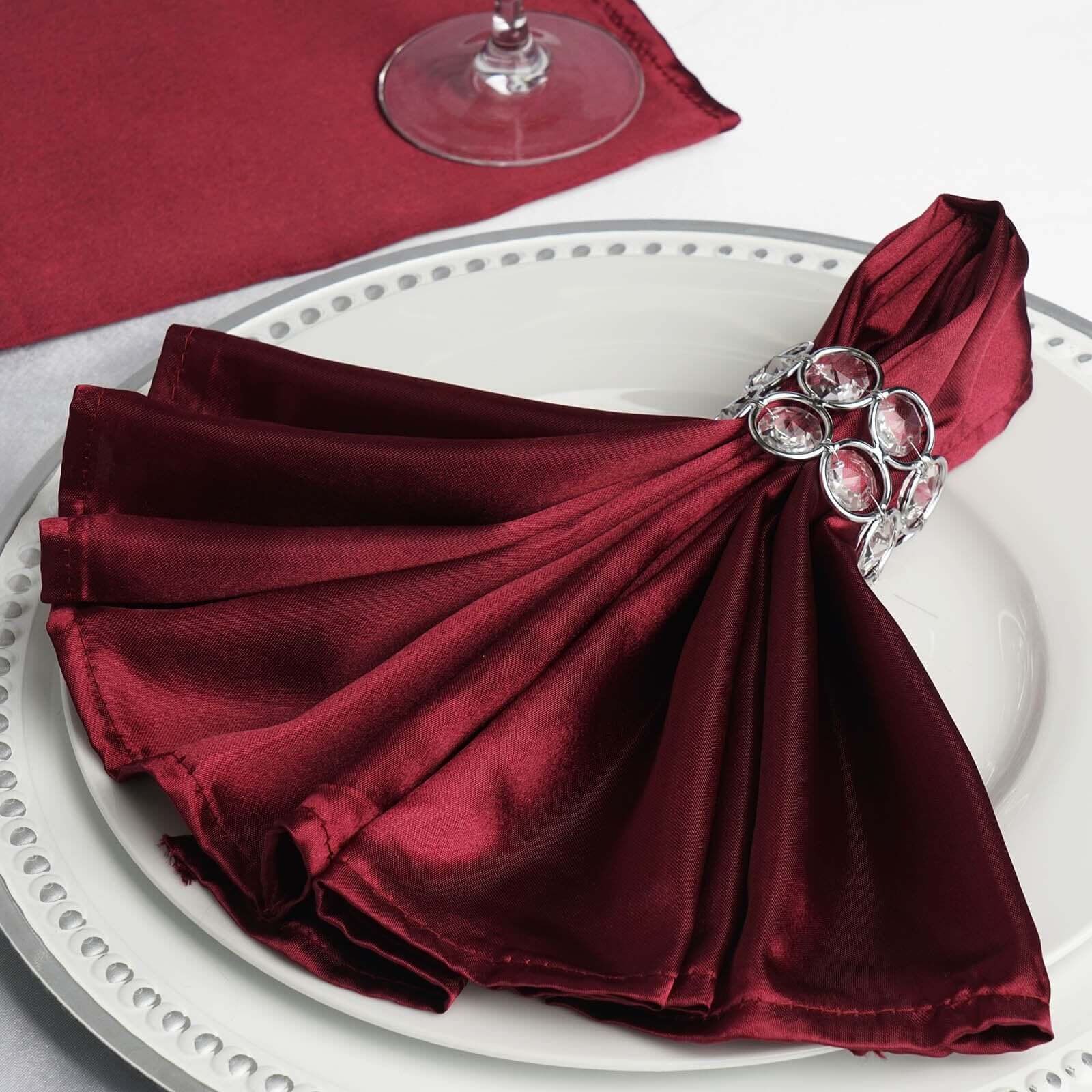 5 Pack Satin 20"x20" Napkins Burgundy - Luxurious Shine & Smooth Dinner Napkins