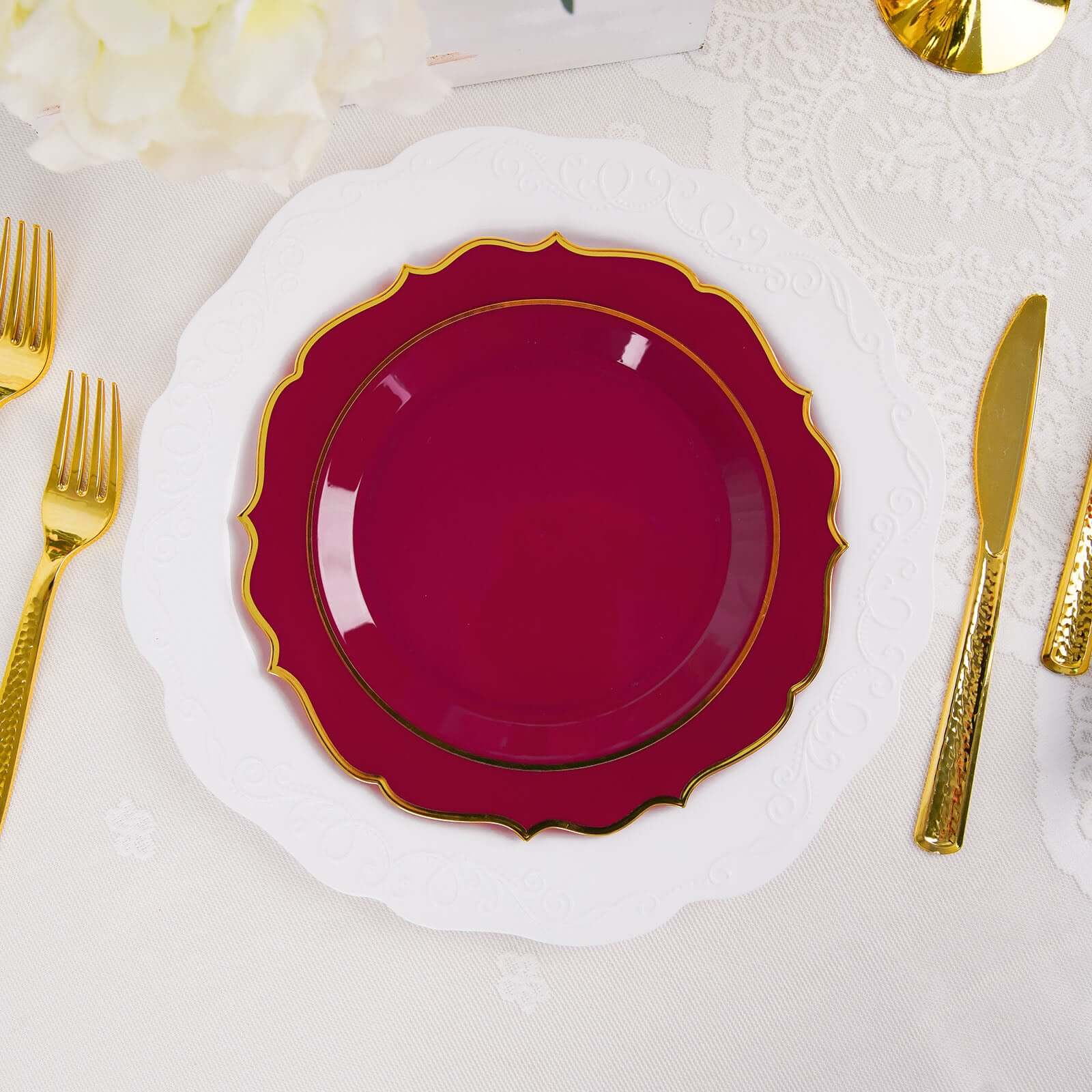 10-Pack Plastic 8" Round Dessert Plates in Burgundy with Gold Scalloped Rim - Disposable Appetizer/Salad Plates