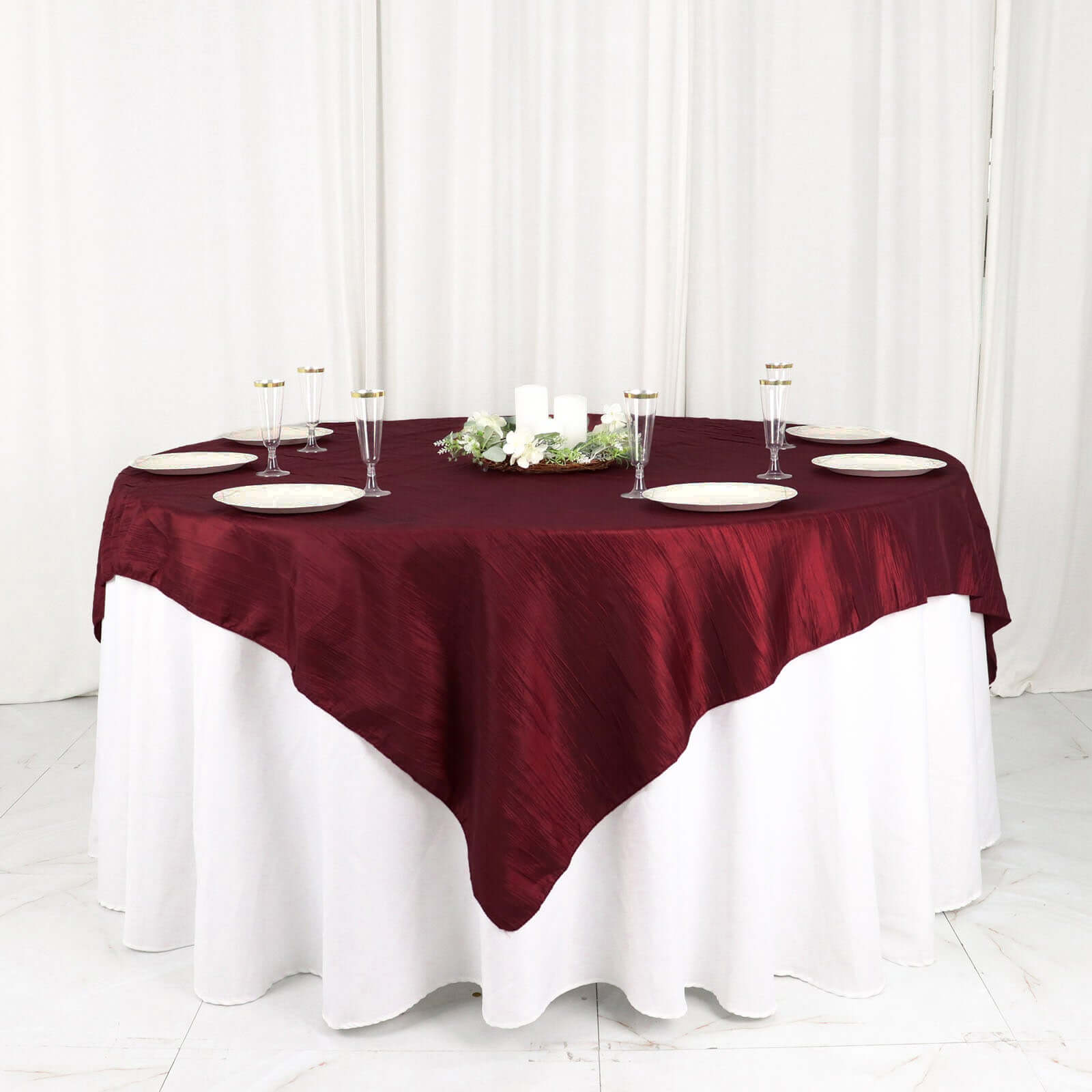 Taffeta 72"x72" Table Overlay Square Tablecloth Burgundy - Accordion Crinkle Table Cover