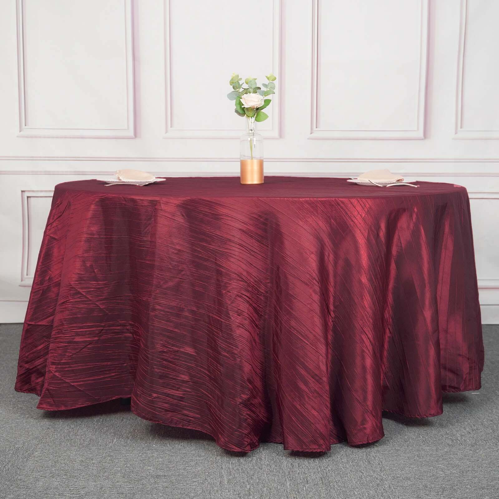 Taffeta 120" Round Tablecloth Burgundy - Seamless Accordion Crinkle Table Cover