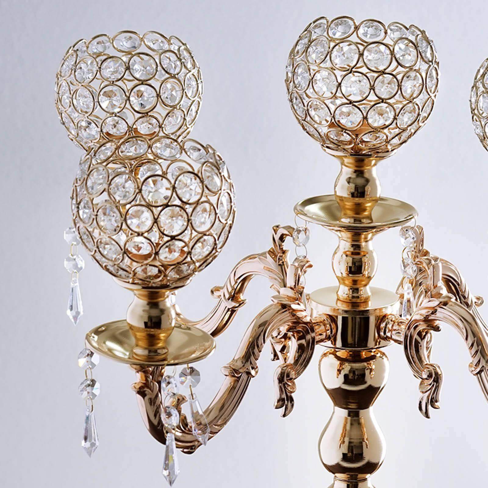5-Arm Crystal Beaded Globe Candelabra Gold Metal - Chic Candle Holder Table Centerpiece for Gatherings 25"