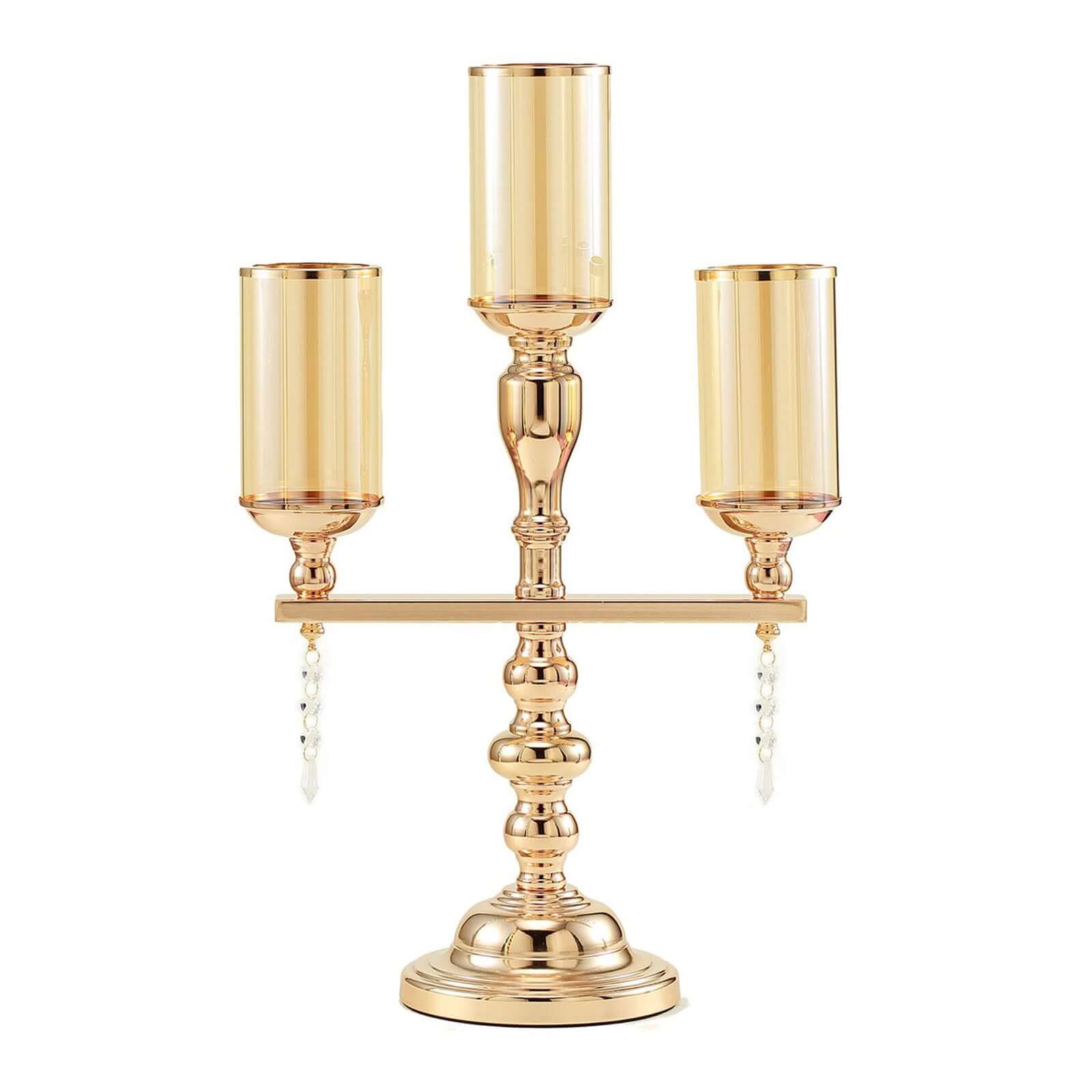 3-Arm Gold Candelabra Metal with Amber Glass Shades - Stylish Table Centerpiece for Gatherings