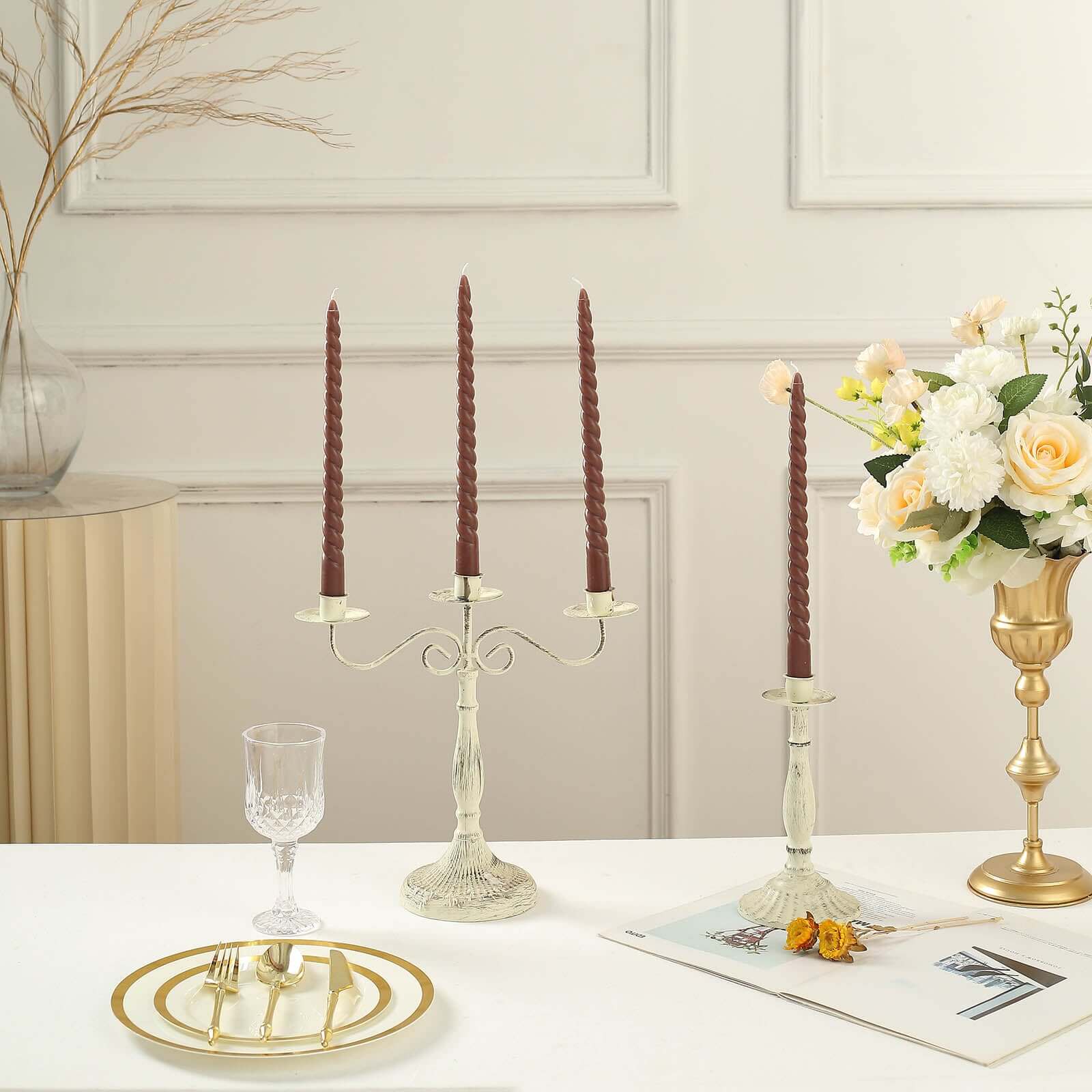 12-Pack Taper Candles Spiral Long Burn Wick Design Mocha Brown - Premium Unscented Wax Dinner Candle Sticks 11"