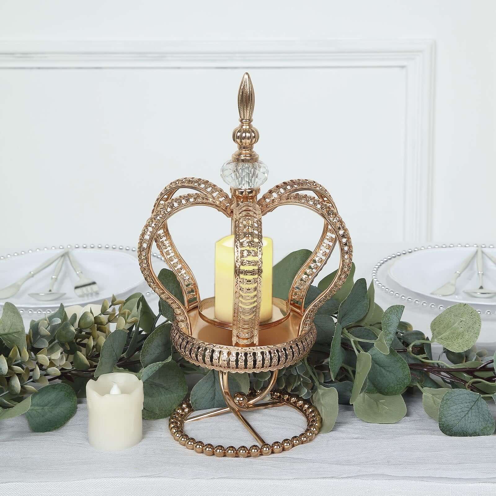 Metal Crown Spiral Pillar Candle Holder Stand Gold - Jeweled Votive Candle Centerpiece 13"