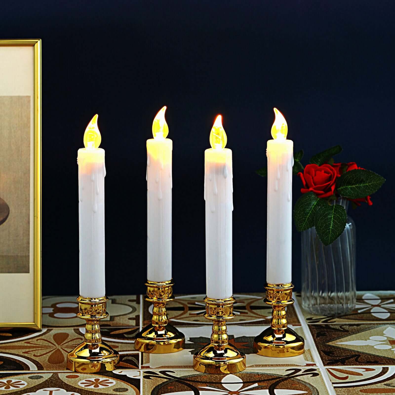 Set of 6 LED Window Candles Flickering White - Battery Operated Taper Candles with Gold Holders 10"