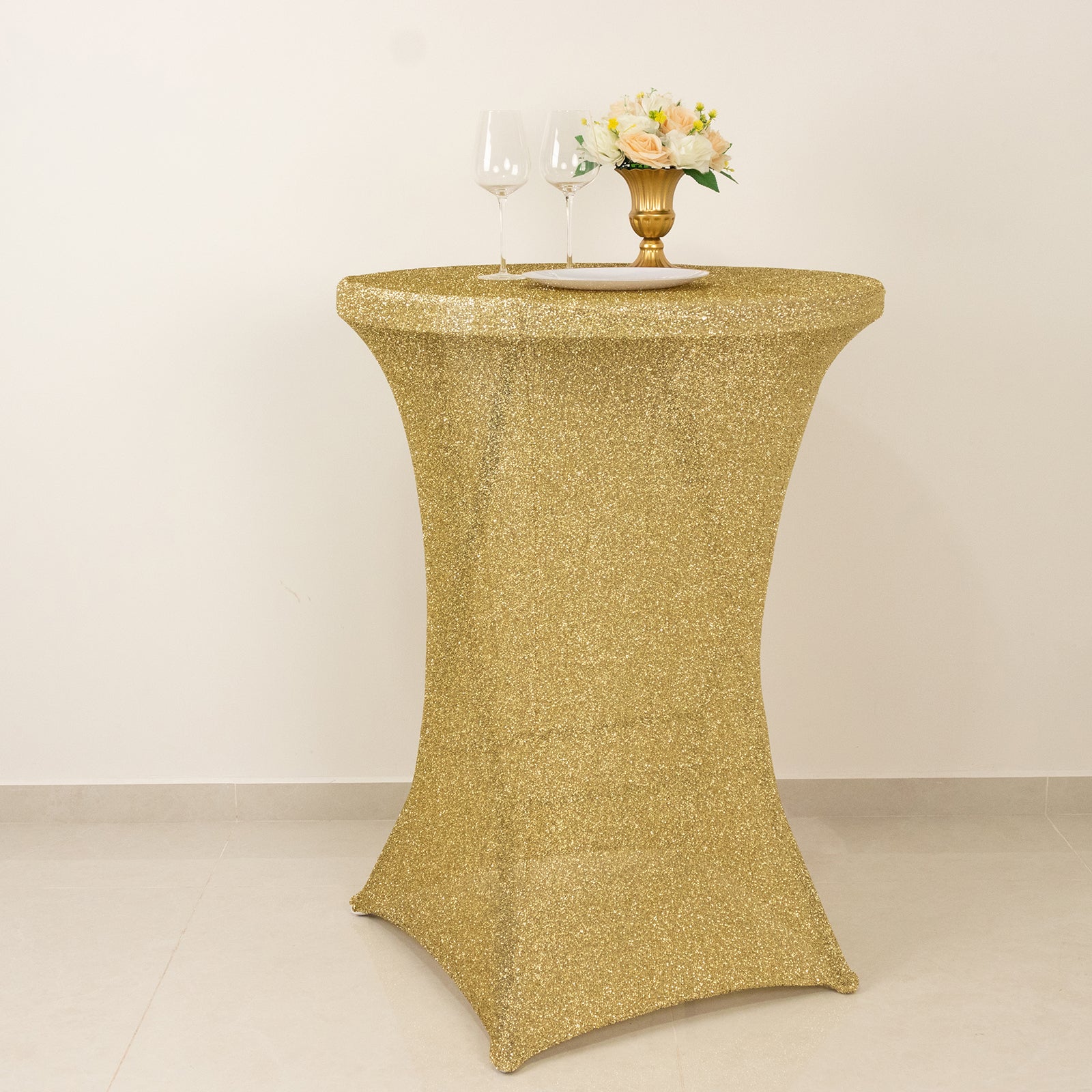 Metallic Spandex 36" Fitted Glitter Round Cocktail Table Cover Champagne - Stretch Fit for High Top Tables