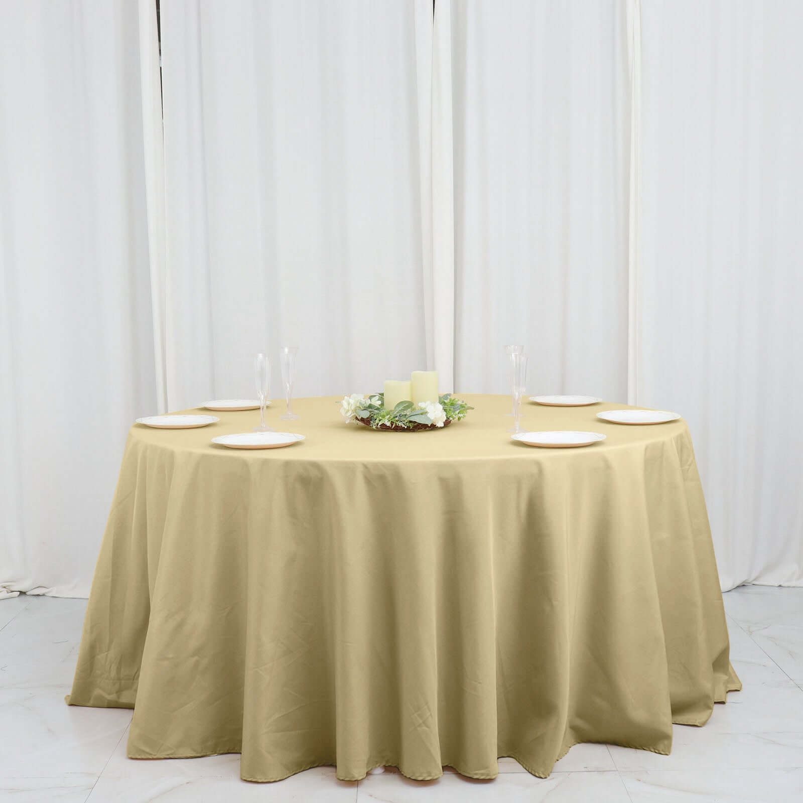 Polyester 132" Round Tablecloth Champagne - Seamless Chic Table Cover